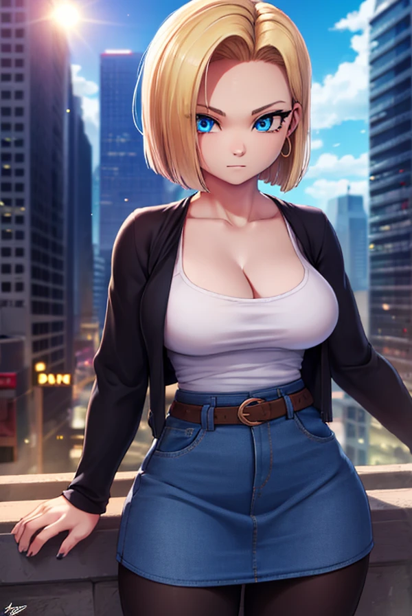 android 18, android 18, blonde hair, blue eyes, eyelash, hoop earrings, short hair, earrings, break belt, black legwear, black shirt, breast pocket, cleavage, clavicle, denim, denim skirt, high-waist skirt, jewelry, long sleeve, pocket, shirt, shirt tucked in, skirt, striped, striped sleeves, waistcoat,, break outdoors, city, null, cloud, sun, break looking at viewer, (cowboy shot:1.5), break (masterpiece:1.2), highest quality, High resolution, unity 8k wallpaper, (shape:0.8), (beautiful and detailed eyes:1.6), highly detailed face, perfect lighting, Very detailed CG, (perfect hands, perfect anatomy)