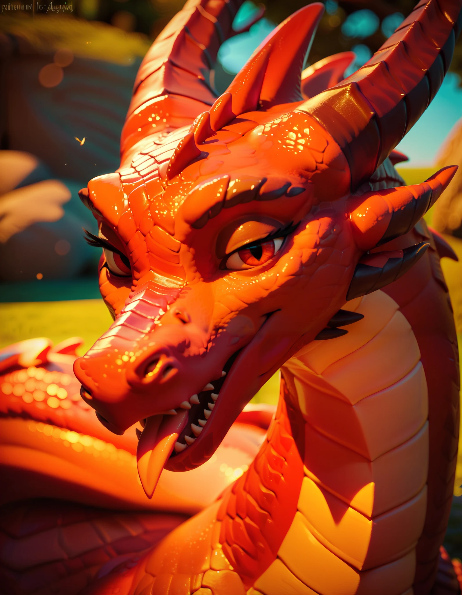 Dragon, red dragon, feral, female, sexy, hot red, red scales, bedroom eyes, head shot, moaning, skinny, slender, seductive, sensual, feminine, outside, depth of field, side eye, looking at viewer, tongue out