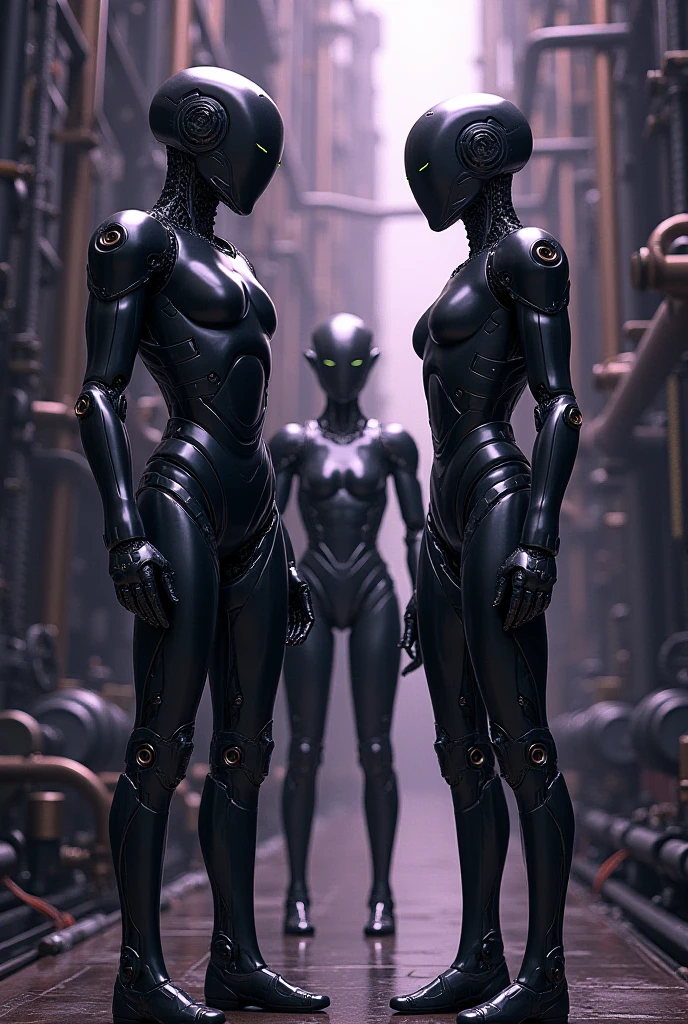 cinematic photo ici, a couple of black alien person standing next to each other, massive yellow pillars, low angle shot . 35mm photograph, film, bokeh, professional, 4k, highly detailed