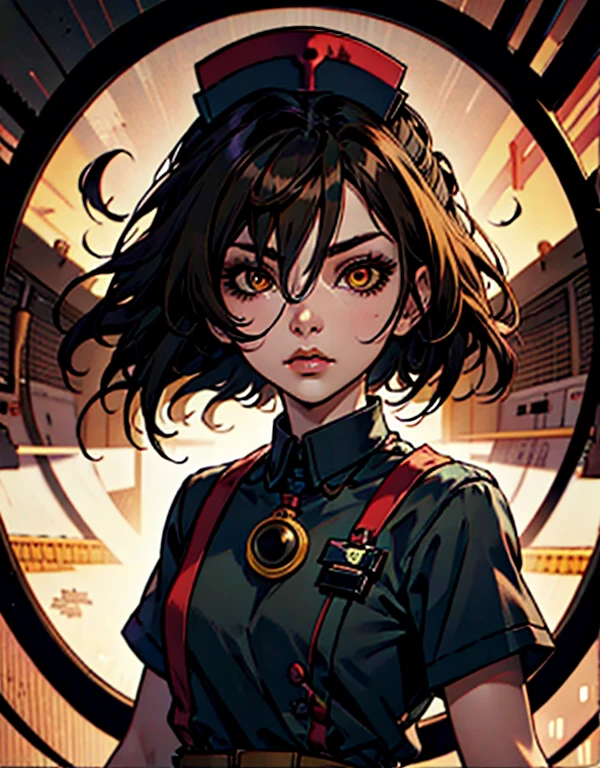 2d, Masterpiece, Best quality, Anime, Highly detailed face, Highly detailed eyes, Highly detailed background, Perfect lighting, Cowboy shot, 1girl, Single, Aki Rosenthal, Collar dress, Mini dress, Short sleeves, blue sweater, Black thighs, Detached poem, long hair, Low twintail, Bob cut, Necktie, Headwear, White gloves, Elbow gloves, Wide hips, He smiles, Standing, Inner spacecraft 