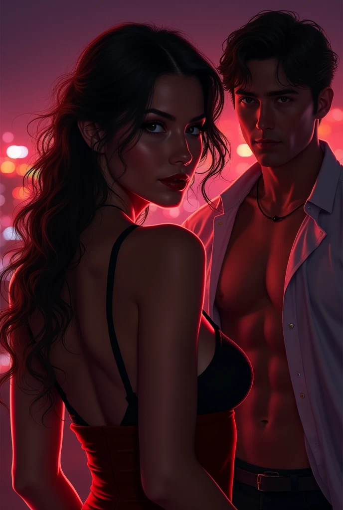 cartoon style more cyberpunk Man and woman in hot erotic scene, suggestive, em um shopping, pop art, neo noir, comic
