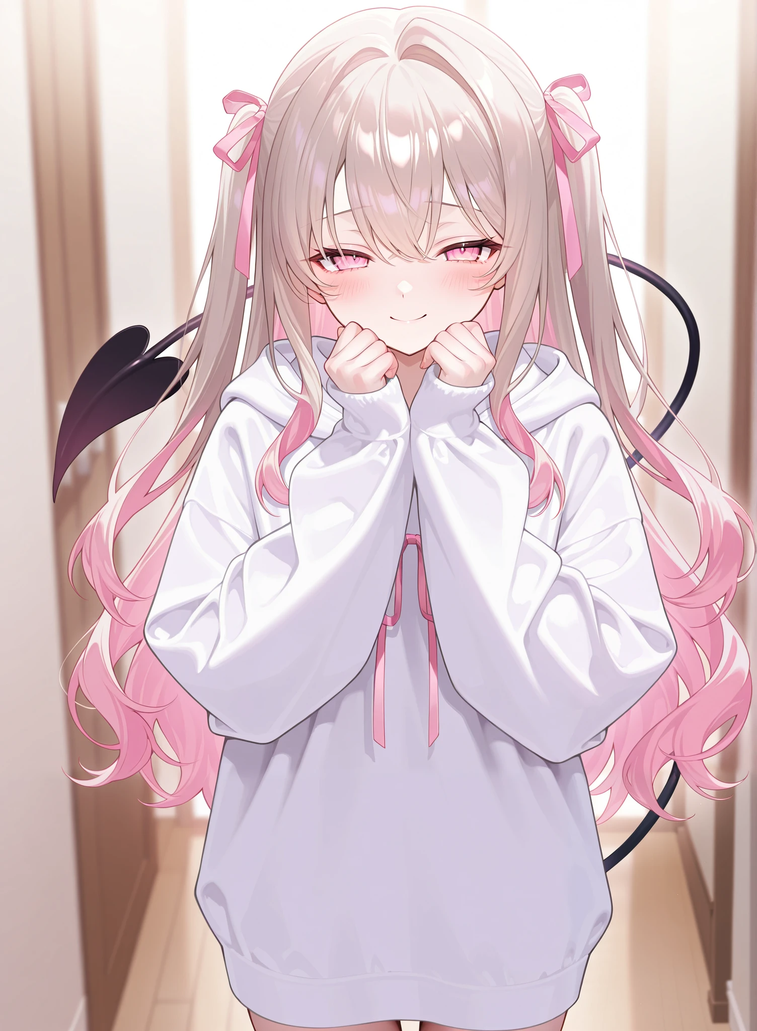 1 girl、dark beige hair color、 pink inner color hair、Intake、 light pink eyes、Narrowed eyes 、 shy expression、 long hair、 Wave Hair、 frill、 pink ribbon 、oversized white sweatshirt 、 Moe sleeve 、indoor、frontに座っている、 smile、front、 watching here、 half up twin tail、 soft colors 、 natural light、blush、 blurry background indoors、 bright、 Masterpiece、 best image quality、Exquisite detail、 kind expression
