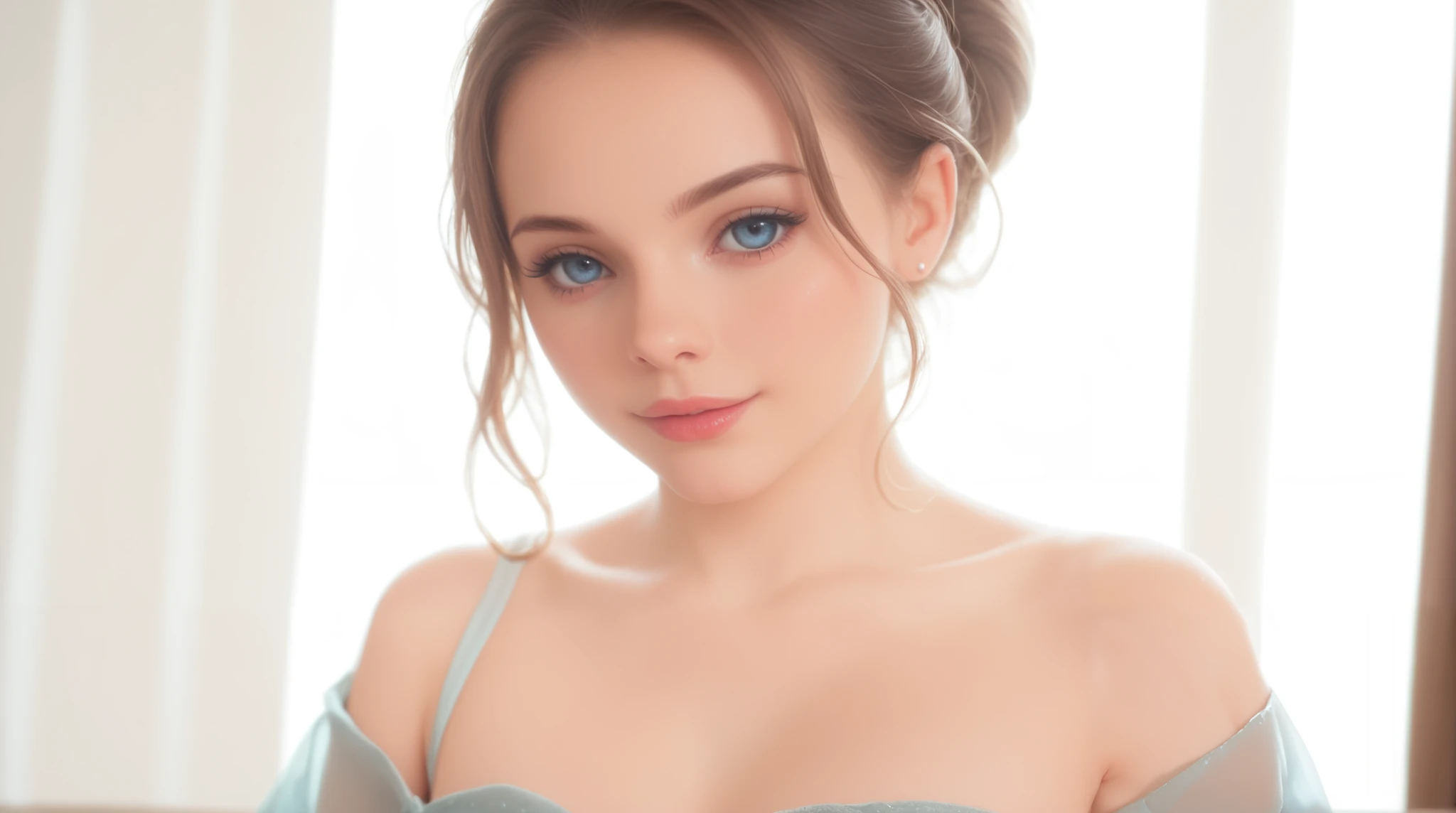 A stunning young woman with delicate facial features, bright blue eyes, and platinum blonde hair styled in soft waves. She has a confident yet playful expression, with a gentle smile. Her fair skin glows under warm, soft lighting, highlighting her natural beauty. She is partially draped in an elegant silk robe that subtly reveals her graceful figure. The background is softly blurred, giving the image a dreamy and intimate atmosphere. The art style is highly detailed and realistic, capturing the textures of skin, hair, and fabric beautifully