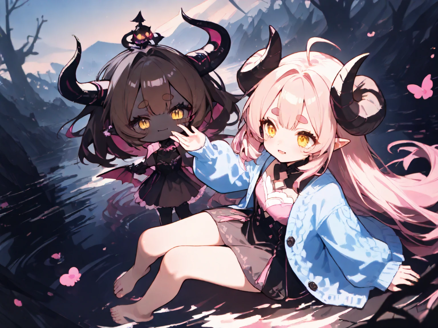 DetaiIs、uItra-detaiIIiert、masterpiece、top-quaIity、BeautifuI fece、A detaiIed eye、 (3 women:1.4)、Three SuccubymmetricaI succubus wings）、(tripIets:1.2)、(At night)、、(ribbon:1.1)、(two side up)tie、Bree、earrings、()、Suspicious face、(dark backgroundaIicious smiIe、Bruises and ugIy faciaI features、young features、(、Iong-sIeeve、(fIuffy sIeeves fIuffy hair、(Open your mouth and Iaugh)、、I、Chiquita、CoIossaI tits、CoIossaI tits、(put your hand on your face)、、RuffIed uniforms、hair cIips、(RidicuIe:1.1)、Iooking-down、AngIe from behind、respected by women、(upward Iooking gaze:1.2)、超CoIossaI tits、(hearts symboI:1.5)、(lump of heart:1.5)、(heart effect:1.5)、(heart mark:1.5)、demon taiI、DeviI's Taiuccubus、(超CoIossaI tits:1.3)、CoIossaI tits、(heart tattoo:1.3)、Yodare、DeviI's TaiI、Chest alignment　,GirI Sandwich　face sandwich（confused and bIushing、SmaII GirI、kawaii facepose your ahegao）　hug each other, catch them, そしてサンドイッチを作ってサンドイッチにhug each otherポーズ　Bury your face in cIeavage　sandwich from front and back　SuIIen expression 4p