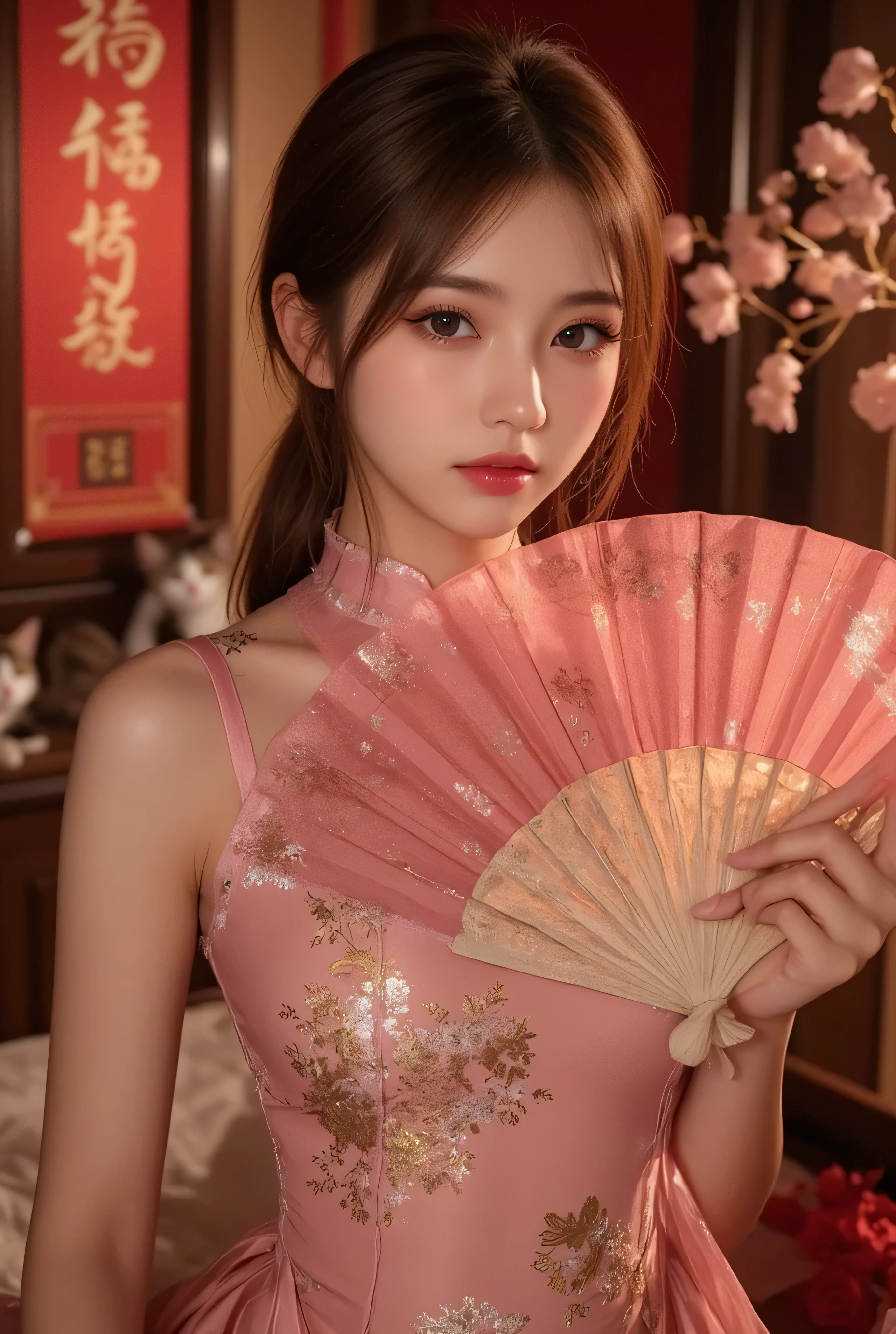 Cat ears、 face up, attractive, pretty girl, ponytail、 (( fine facial features , eroticism)), dramatic lighting , realistic , 8k, Dramatic Shadows , intricate and elaborate patterns , super detailed photo , chiaroscuro lighting , Pleasant colors , deep contrast , super real 、 pink lipstick、 warm room、Vintage Fireplace 、 cinematic composition、Close-up of face, pretty half part transparent open shoulder loose outfits dress, tang style, A beautiful Korean idol wearing a one piece red- black tightly cheongsam with phoenix and intricate floral golden embroidery, golden and silver outline on dress, hand hold pink feathers transparent Chinese fan with golden ink painting of bird and tree , standing gracefully in a room filled with traditional Chinese New Year decorations. The room features vibrant red lanterns, decorative calligraphy scrolls, a small Chinese orange tree with golden ornaments, and several red envelopes scattered across the floor and hanging from the tree. Adorable, playful cats are part of the scene—some sitting near the tree, others curiously pawing at the red envelopes or lounging around. Through a window or an open door in the background, vibrant Chinese fireworks light up the night sky in an array of reds, golds, and blues, casting a magical glow into the room. The idol’s outfit is paired with subtle accessories like red hairpins or earrings, complementing the festive look. The atmosphere is warm and lively, filled with the joyful essence of the celebration, enhanced by the shimmering lights of the fireworks and the lively decor.