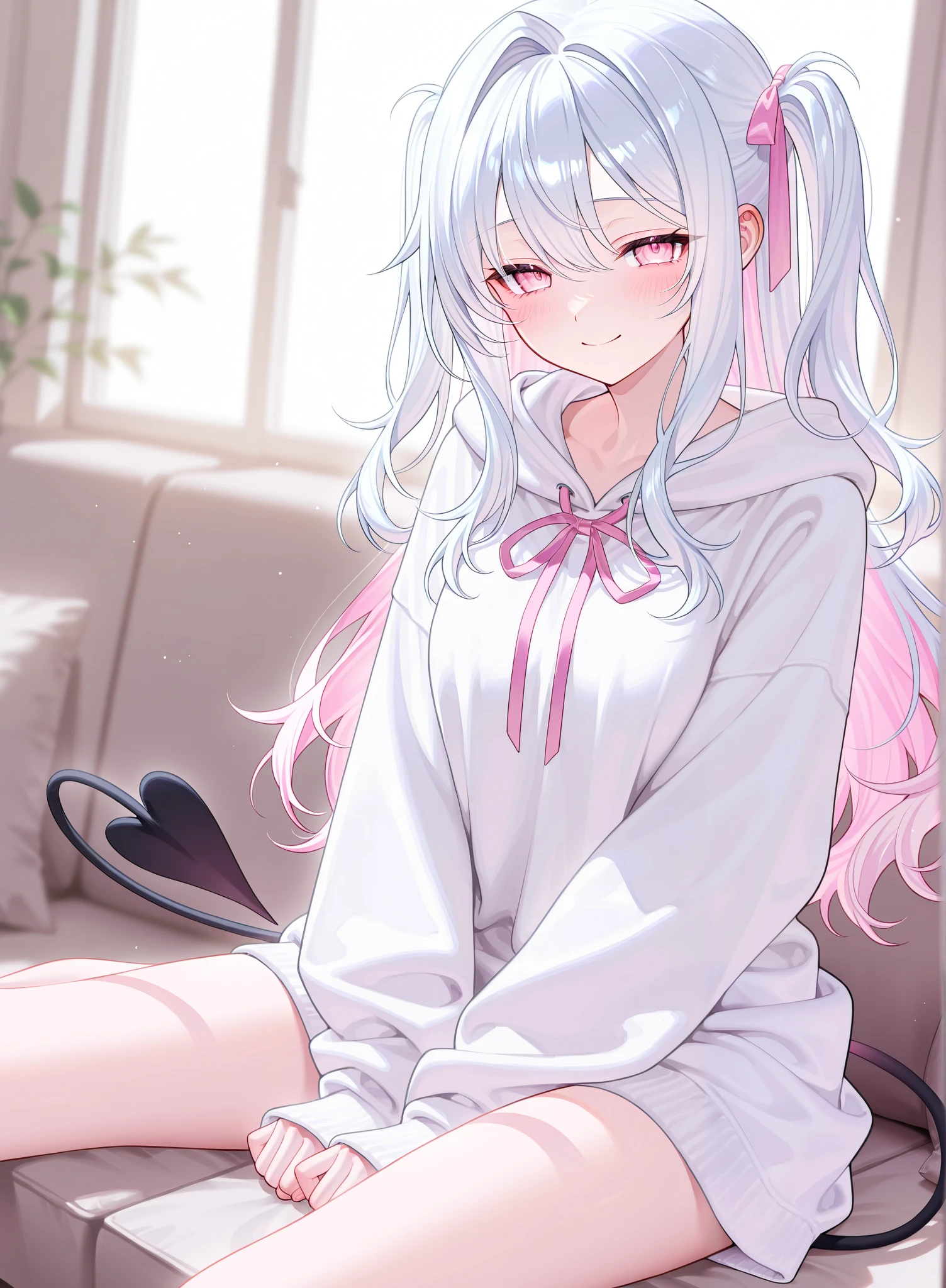 1 girl、 white hair、 pink inner color hair、Intake、 light pink eyes、Narrowed eyes 、 shy expression、 long hair、 Wave Hair、 frill、 pink ribbon 、oversized white sweatshirt 、 Moe sleeve 、indoor、 Sitting、 smile、front、 watching here、 half up twin tail、 soft colors 、 natural light、blush、 blurry background indoors、 bright、 Masterpiece、 best image quality、Exquisite detail、 kind expression