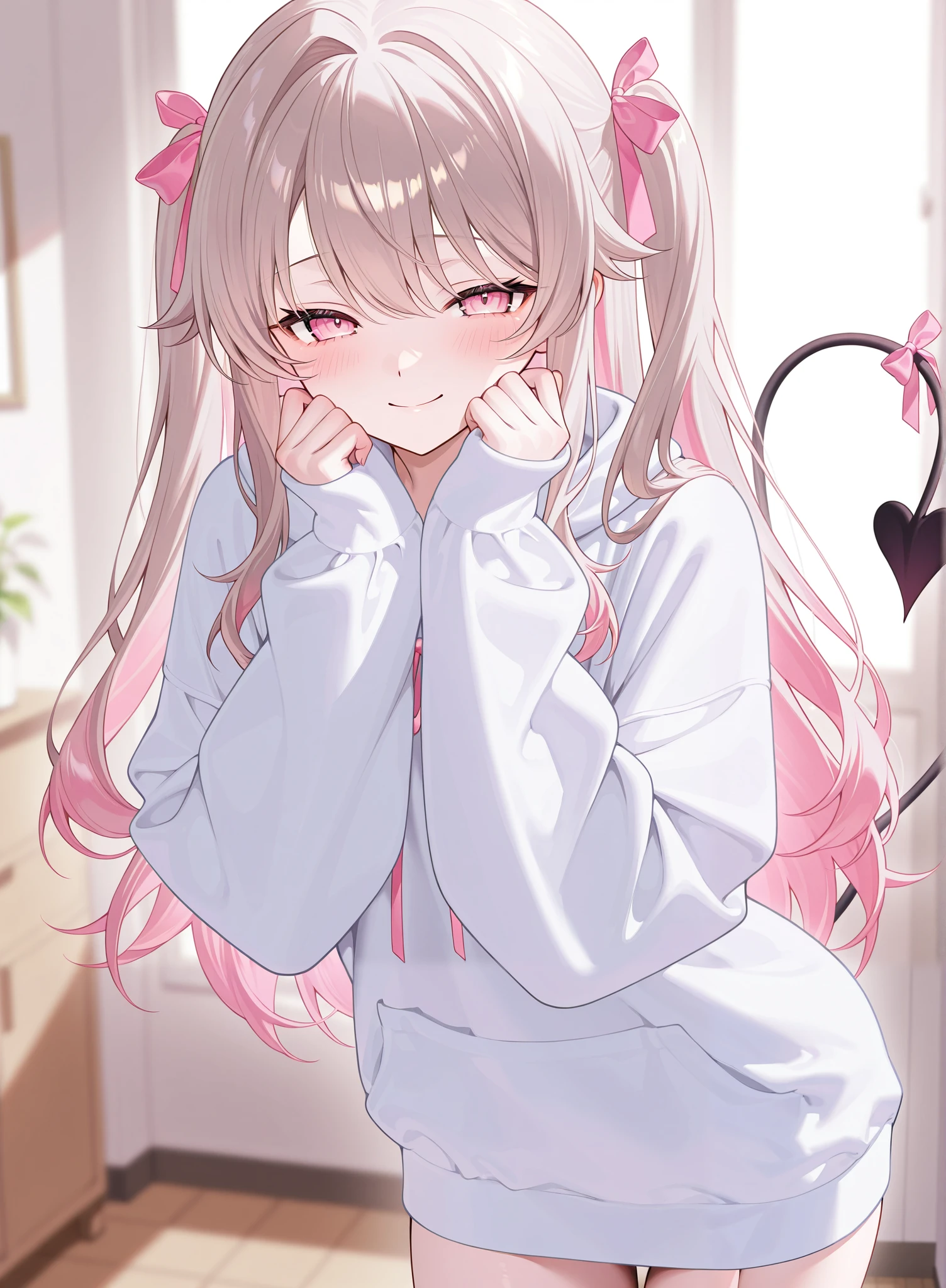 1 girl、dark beige hair color、 pink inner color hair、Intake、 light pink eyes、Narrowed eyes 、 shy expression、 long hair、 Wave Hair、 frill、 pink ribbon 、oversized white sweatshirt 、 Moe sleeve 、indoor、frontに座っている、 smile、front、 watching here、 half up twin tail、 soft colors 、 natural light、blush、 blurry background indoors、 bright、 Masterpiece、 best image quality、Exquisite detail、 kind expression