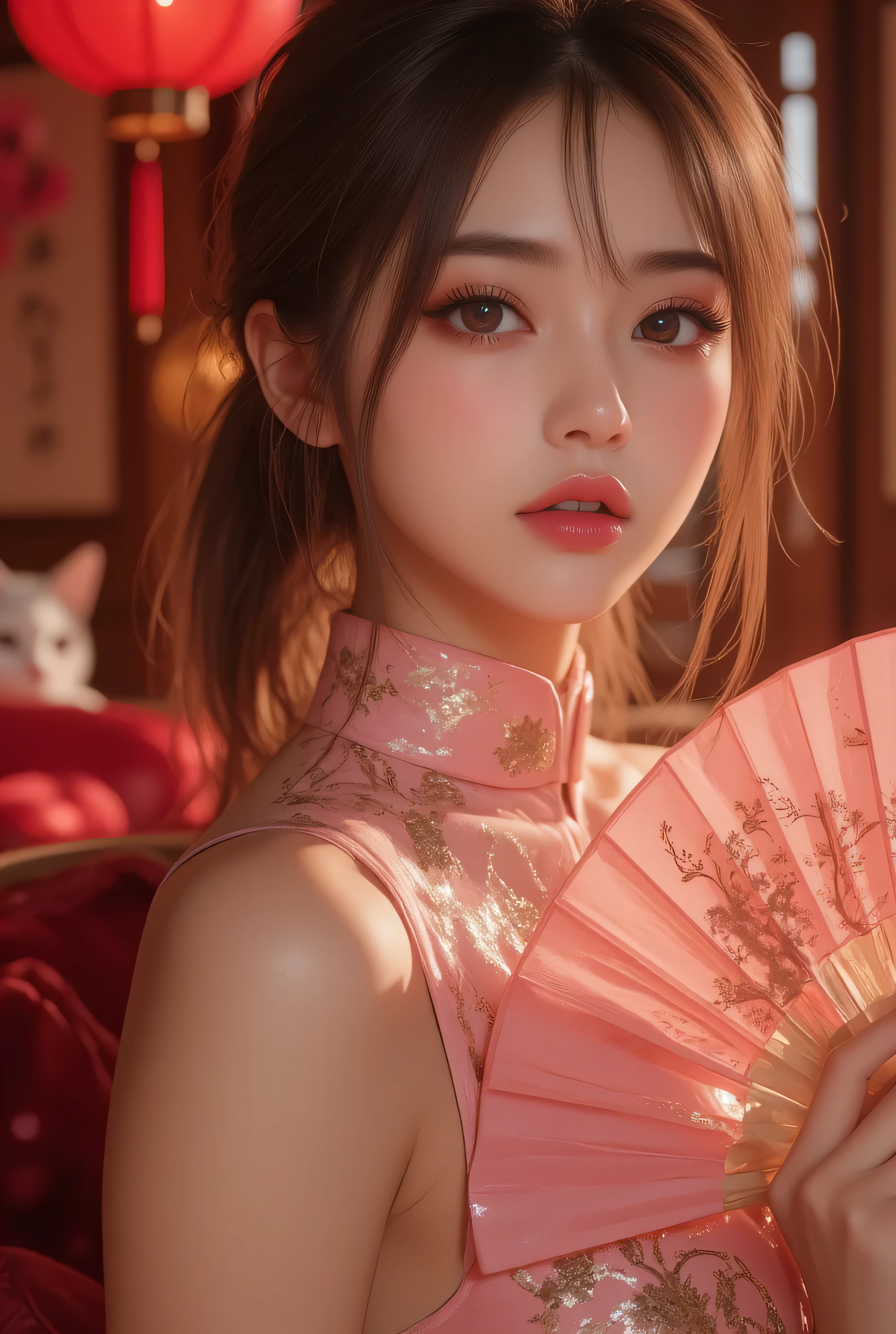 Cat ears、 face up, attractive, pretty girl, ponytail、 (( fine facial features , eroticism)), dramatic lighting , realistic , 8k, Dramatic Shadows , intricate and elaborate patterns , super detailed photo , chiaroscuro lighting , Pleasant colors , deep contrast , super real 、 pink lipstick、 warm room、Vintage Fireplace 、 cinematic composition、Close-up of face, pretty half part transparent open shoulder loose outfits dress, tang style, A beautiful Korean idol wearing a one piece red- black tightly cheongsam with phoenix and intricate floral golden embroidery, golden and silver outline on dress, hand hold pink feathers transparent Chinese fan with golden ink painting of bird and tree , standing gracefully in a room filled with traditional Chinese New Year decorations. The room features vibrant red lanterns, decorative calligraphy scrolls, a small Chinese orange tree with golden ornaments, and several red envelopes scattered across the floor and hanging from the tree. Adorable, playful cats are part of the scene—some sitting near the tree, others curiously pawing at the red envelopes or lounging around. Through a window or an open door in the background, vibrant Chinese fireworks light up the night sky in an array of reds, golds, and blues, casting a magical glow into the room. The idol’s outfit is paired with subtle accessories like red hairpins or earrings, complementing the festive look. The atmosphere is warm and lively, filled with the joyful essence of the celebration, enhanced by the shimmering lights of the fireworks and the lively decor.