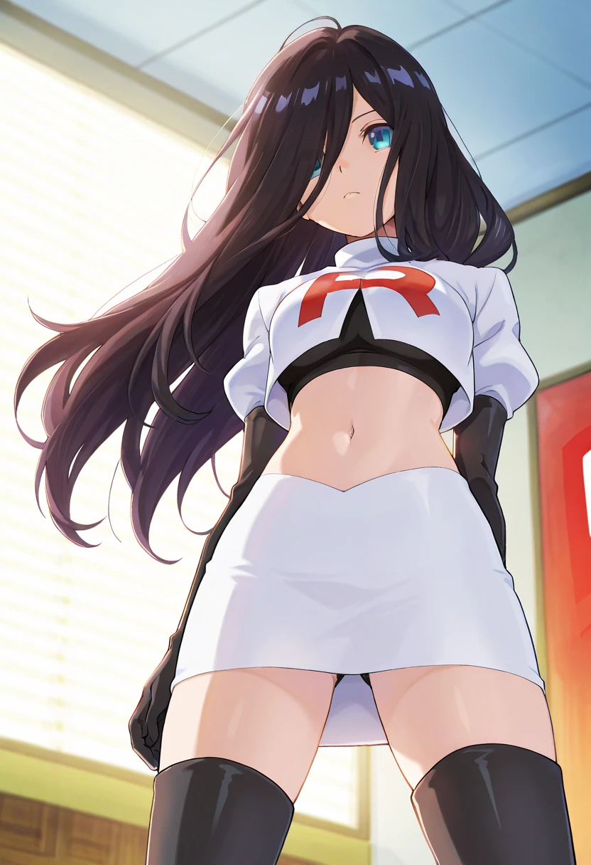 ((masterpiece, high quality, best quality, highres)):1.2, looking at viewer,
team rocket,team rocket uniform, red letter R, white skirt,white crop top,black thigh-highs, black elbow gloves,