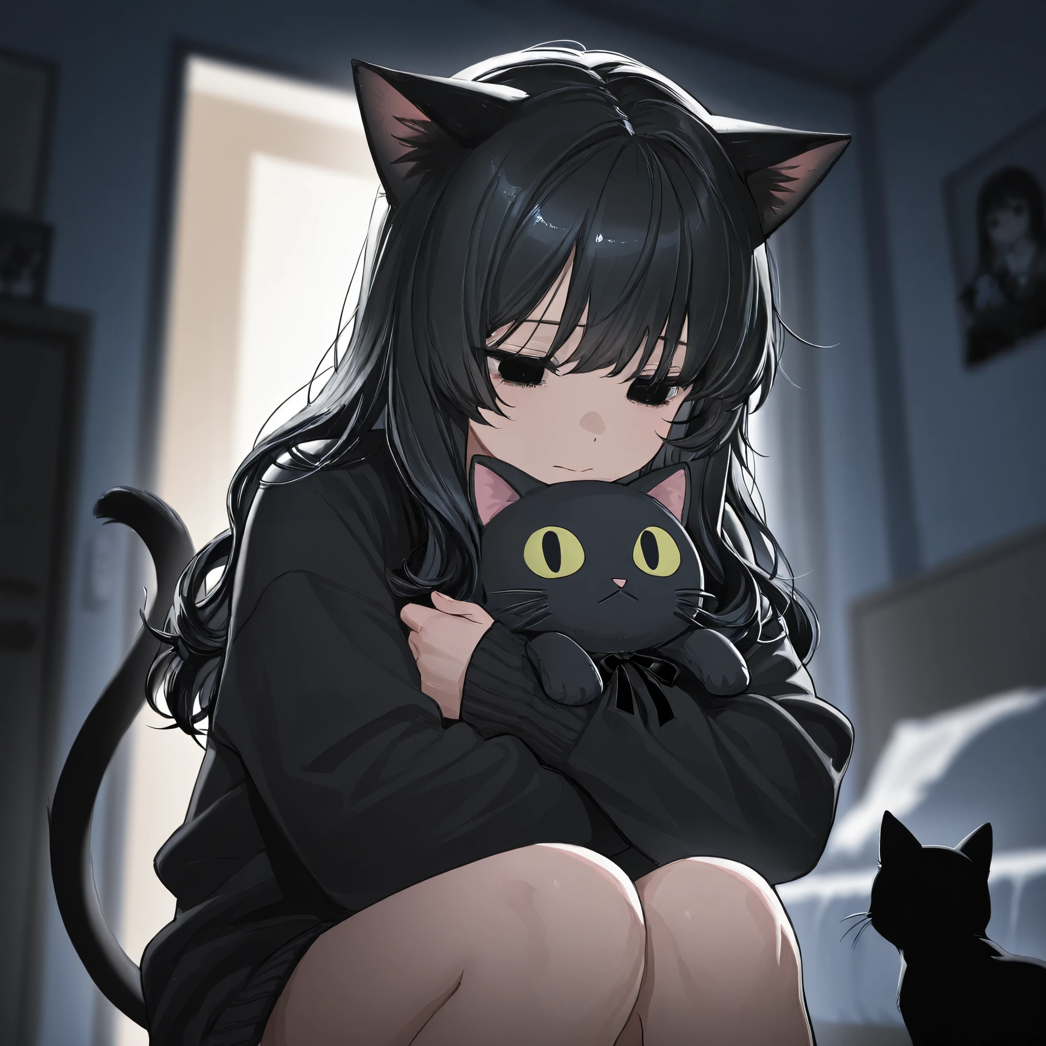half twin tail、 Wave Hair、 black hair, black eyes, Oversized long sleeves , black cardigan, black ribbon,I'm holding a stuffed black cat, blurry background indoors, dark room、 1 girl, Cat ears,Alone, high image quality、 Masterpiece、 with a bleak expression、Downcast eyes、Looking down、Depression、despair、