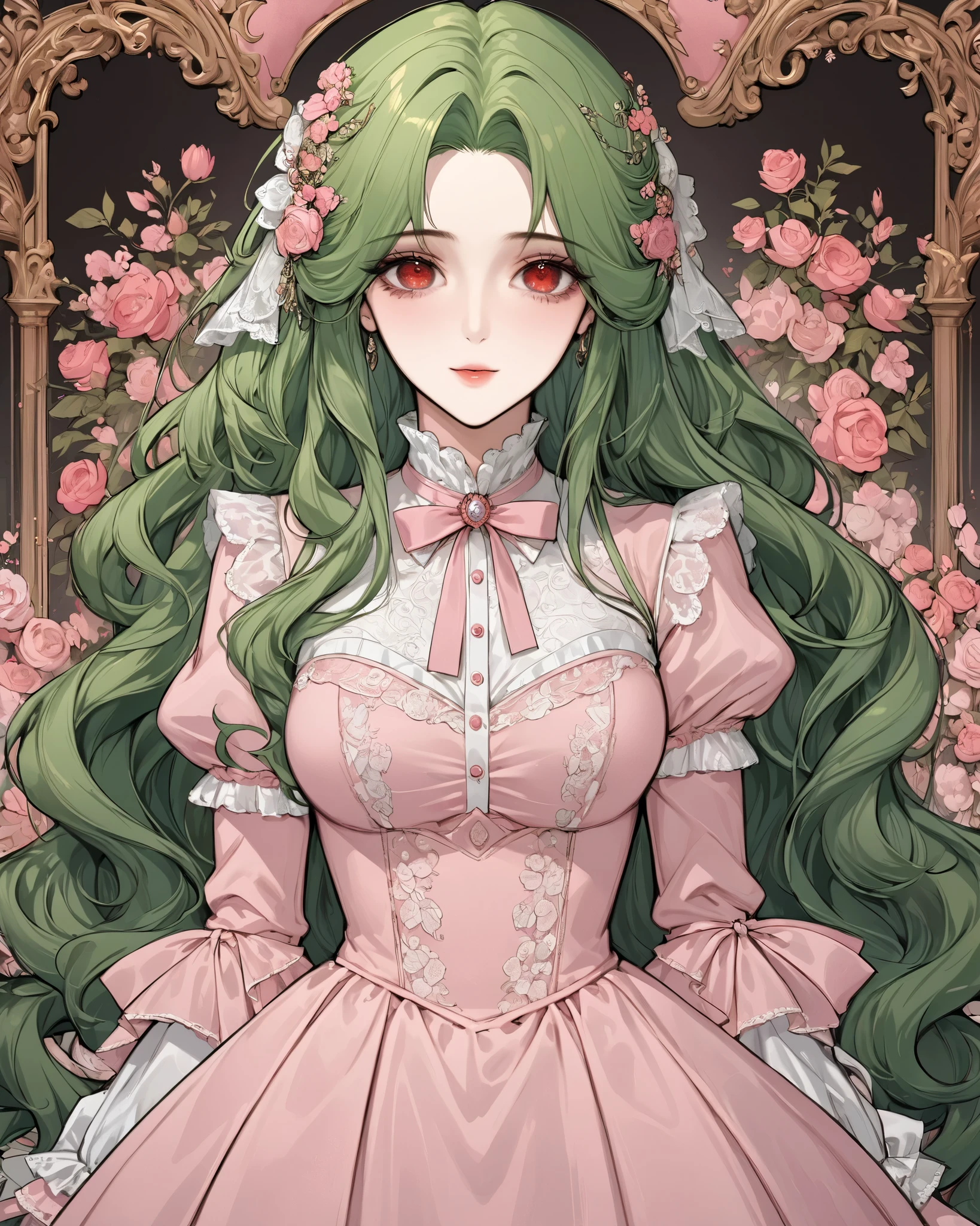 (extreamly delicate and beautiful:1.2), 8K,(masterpiece:1.0),(best_quality:1.0), 1 girl, and intricate detailing, Enlarged textures, and intricate detailing, finely eye and detailed face, and intricate detailing, green long hair, (sweet smiley), Perfect eyes, Equal eyes, red eyes (A famale god) with pink victorian lady manhwa dress, look at camera, green long HAIR, Red EYES, green long HAIR, red EYES, Full body, simple background, pink victorian lady manhwa dress, perfect body, simple background, hairpin, full body