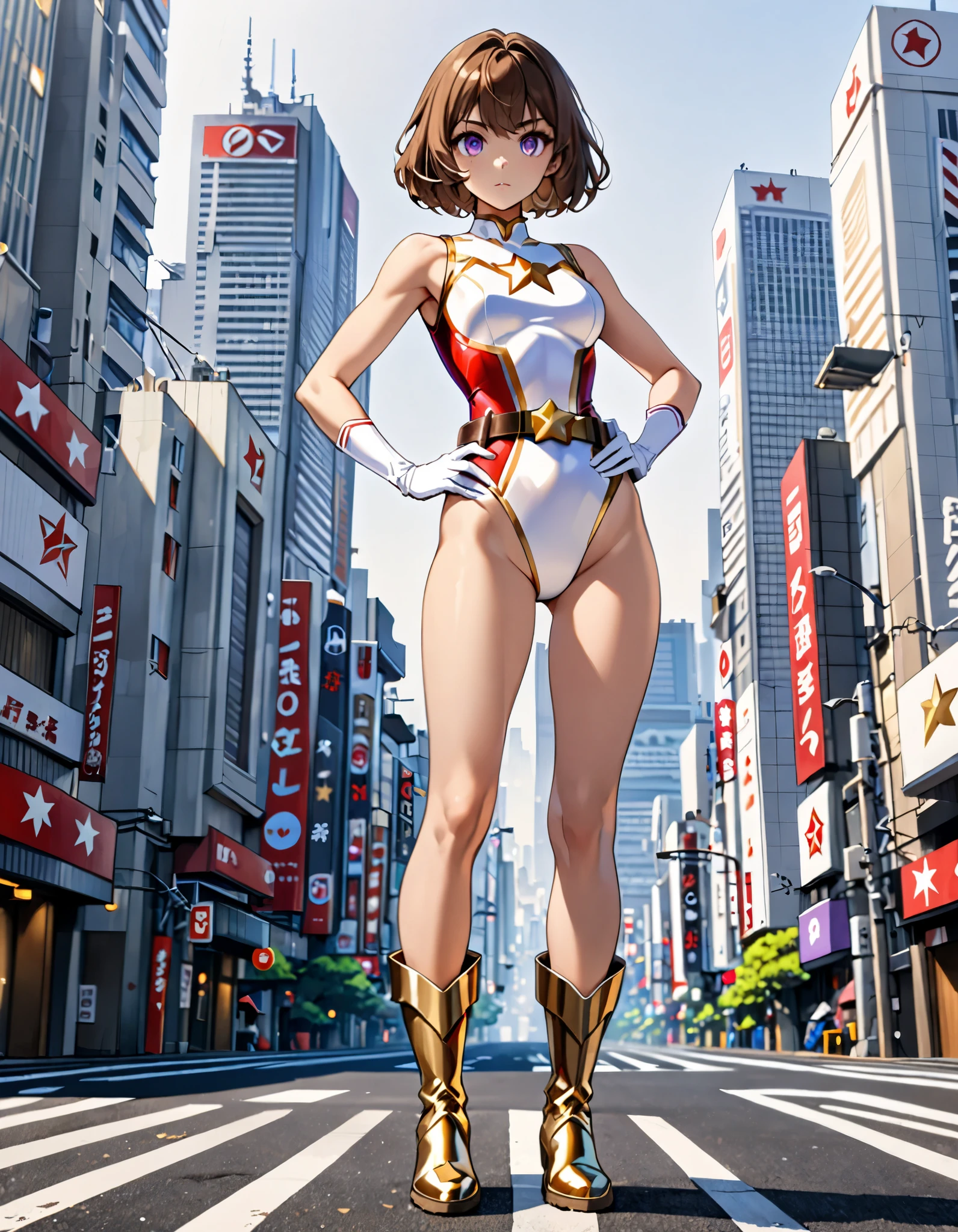 (masterpiece), (best quality), (high res), medium breasts, ((leotard, white and red leotard, matching leotard, sleeveless, bare legs)), ((tight belt, gold belt)), ((boots, matching boots, ankle-high boots, white boots)), ((gloves, white gloves)), city backdrop, tokyo city backdrop, solo, single, hands on hip, standing, (full body), cowboy shot, superhero, ((beautiful detailed eyes)), ((gold star symbol on chest)), (brown hair, medium hair, bob hair, purple eyes), (perfect hands, perfect anatomy), cowboy shot, superhero, ((beautiful detailed eyes)), full body costume design. 
