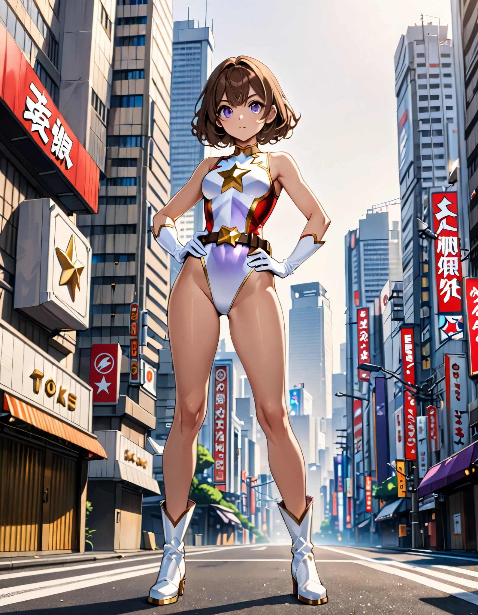 (masterpiece), (best quality), (high res), medium breasts, ((leotard, white and red leotard, matching leotard, sleeveless, bare legs)), ((tight belt, gold belt)), ((boots, matching boots, ankle-high boots, white boots)), ((gloves, white gloves)), city backdrop, tokyo city backdrop, solo, single, hands on hip, standing, (full body), cowboy shot, superhero, ((beautiful detailed eyes)), ((gold star symbol on chest)), (brown hair, medium hair, bob hair, purple eyes), (perfect hands, perfect anatomy), cowboy shot, superhero, ((beautiful detailed eyes)), full body costume design.