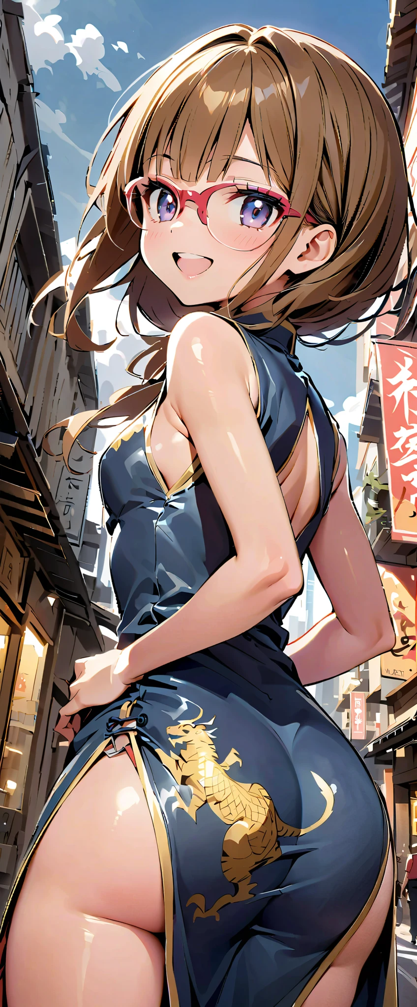 highest quality、All limbs、full finger、((one beautiful woman))、Beautiful busty woman、long hair、((brown haired woman))、((Blue cheongsam:1.5))、slit、blue leotard panties、((brown pantyhose))、white boots、Chinatown、big smile、Street Fighter、hands on hips