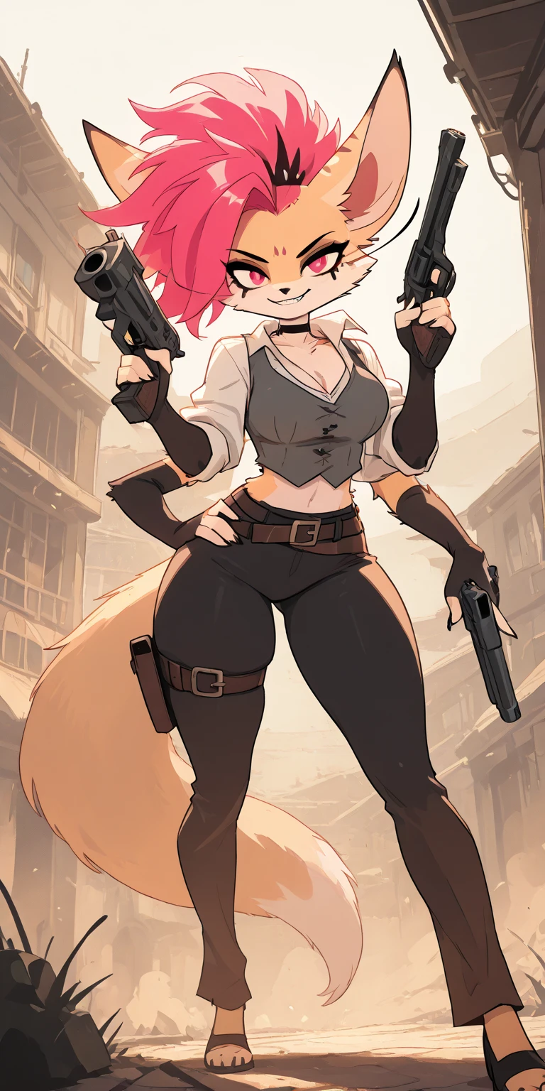 (solo), female anthro lynx, solo, masterpiece, best art, detailed hands, detailed eyes, night, anime newest artstyle, extreme detail, long red hair, brown body, turquoise eyes, standing, cool face, warehouse, adult, breasts, midriff, jacket, shirt, stripes, subtle abs, shorts, dual pistols