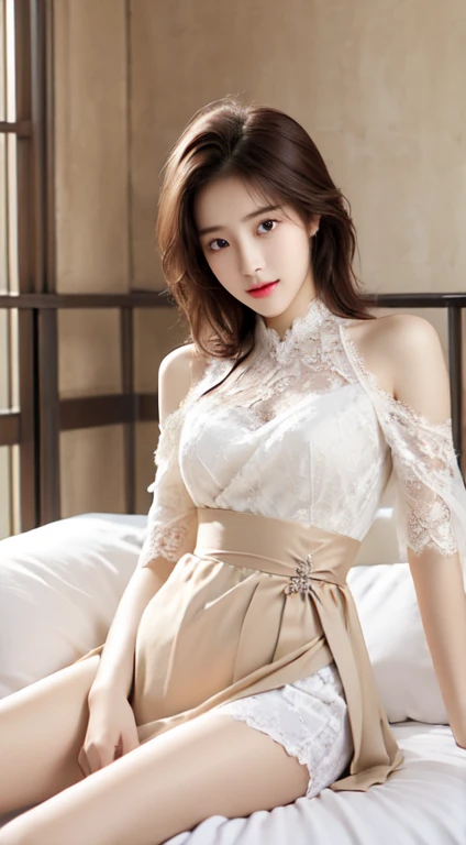 1 female,solo,Realistically,非常高的quality,Extremely detailed,(Huge breasts),Best lighting,quality:8K,Soft skin tone,bust,Sexy ,Pure white dress,Luxury lobby,High-end furniture。