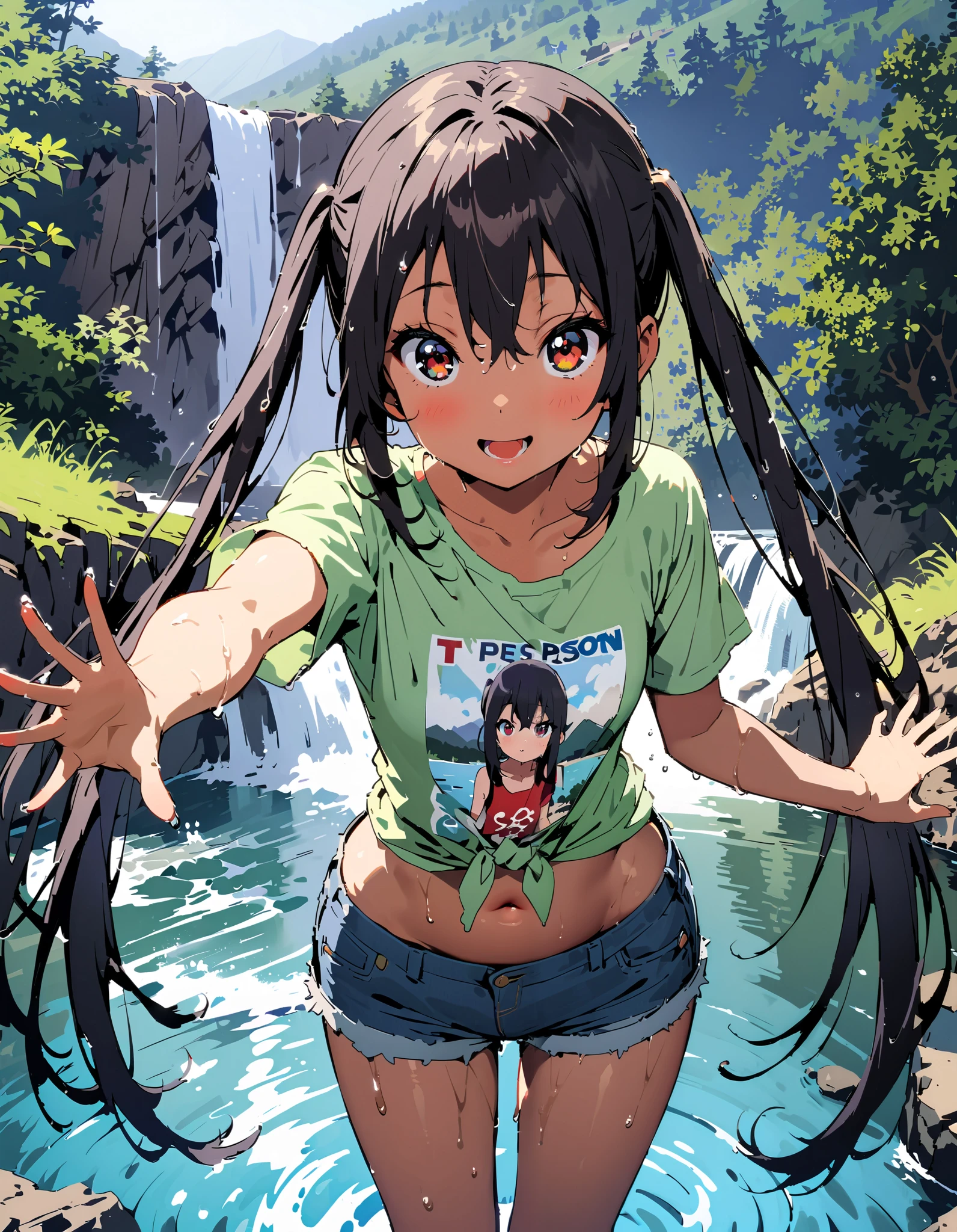 Azusa Nakano, black hair, brown eyes, Alone, long hair,smile,blush, open your mouth, low twin tail, tan, brown skin,green t-shirt ,The hem of the t-shirt is tied, belly button out,river遊び, playing in the water, denim micro shorts ,Wet clothes, wet hair, wet skin, standing, so that the whole body fits into the illustration,
break outdoors, river,Mountain,waterfall,forest,
break looking at viewer,
break ( Masterpiece:1.2), top quality , kampala, Unity 8k Wallpaper,(shape:0.8),( fine, beautiful eyes :1.6),It's a person , full body photo,CG Details , ( perfect hands, Complete Anatomy),