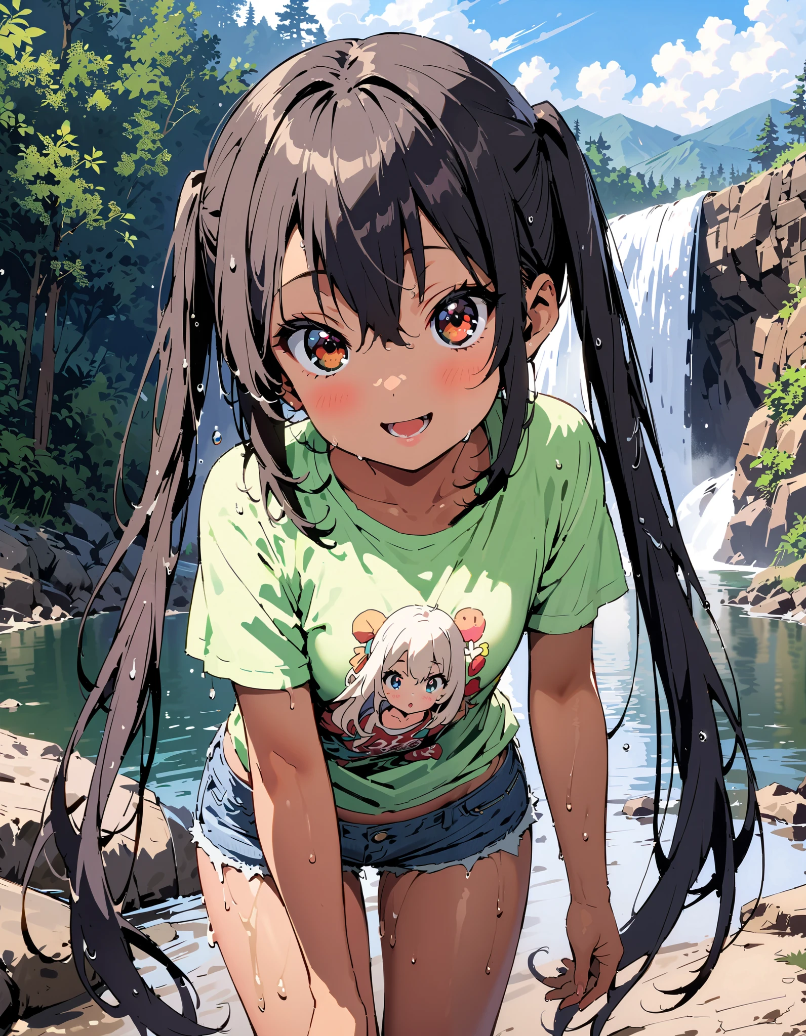 Azusa Nakano, black hair, brown eyes, Alone, long hair,smile,blush, open your mouth, low twin tail, tan, brown skin,green t-shirt ,The hem of the t-shirt is tied, belly button out,river遊び, playing in the water, denim micro shorts ,Wet clothes, wet hair, wet skin, standing, so that the whole body fits into the illustration,
break outdoors, river,Mountain,waterfall,forest,
break looking at viewer,
break ( Masterpiece:1.2), top quality , kampala, Unity 8k Wallpaper,(shape:0.8),( fine, beautiful eyes :1.6),It's a person , full body photo,CG Details , ( perfect hands, Complete Anatomy),