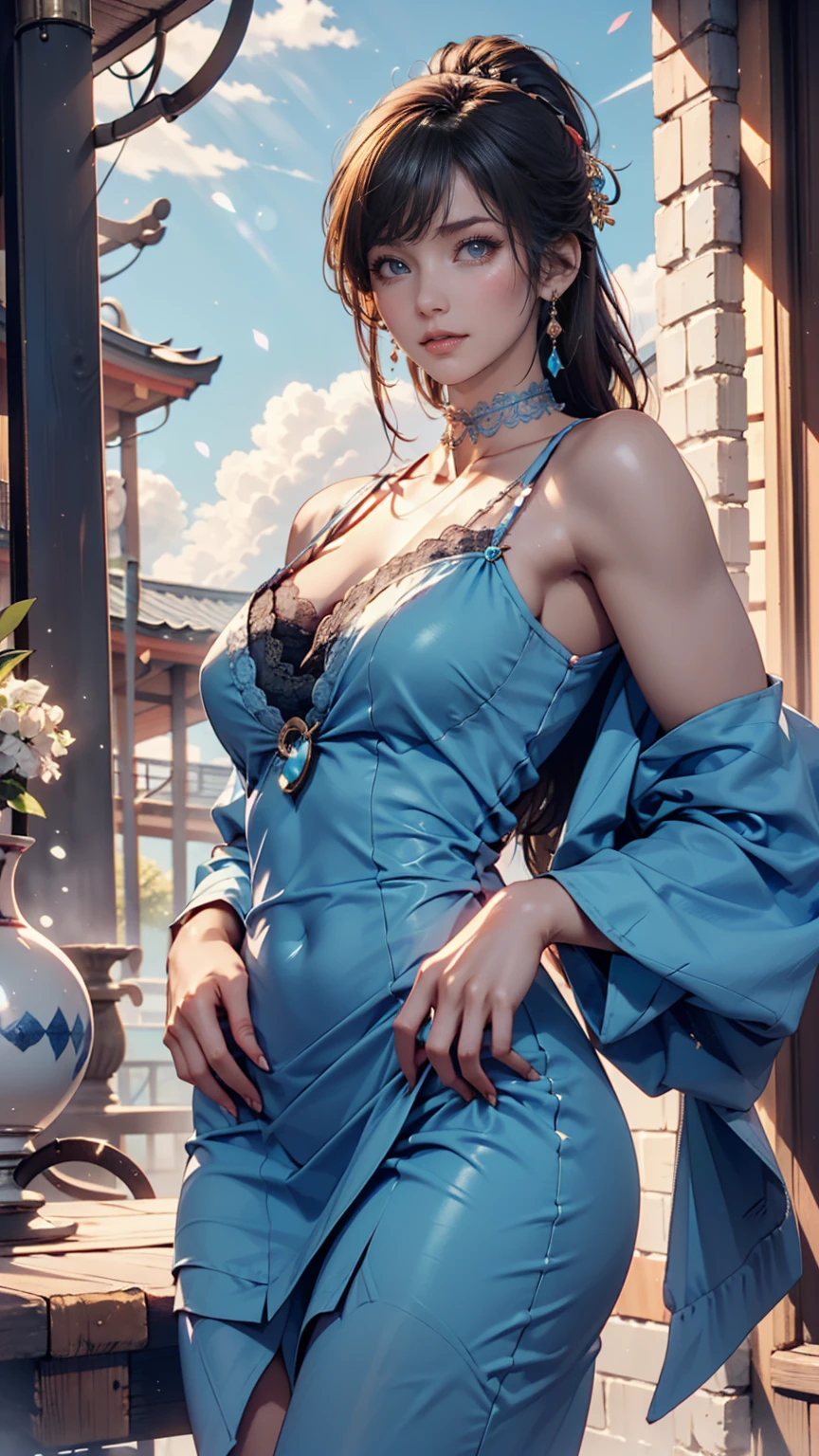 (8k,Photorealistic, masutepiece, Best Quality, Raw photo:1.3)、1woman in, 25years old,Solo,teacher, Long hair, Brown hair, Detailed beautiful face, alluring face, (Detailed beautiful brown eyes:1.2), medium breasts,(chinese dress :1.35), ( Perfect body skinny beauty: 1.4),( temptation Sexy Pose:1.5), (from side:0.5),  (Looking at Viewer,looking at camera, eyes focus:1.5), Detailed background, (sunset:1.2), fine detailed, intricate detailes,  Ray tracing, depth of fields, seductive smile,hotel room,on bed,
