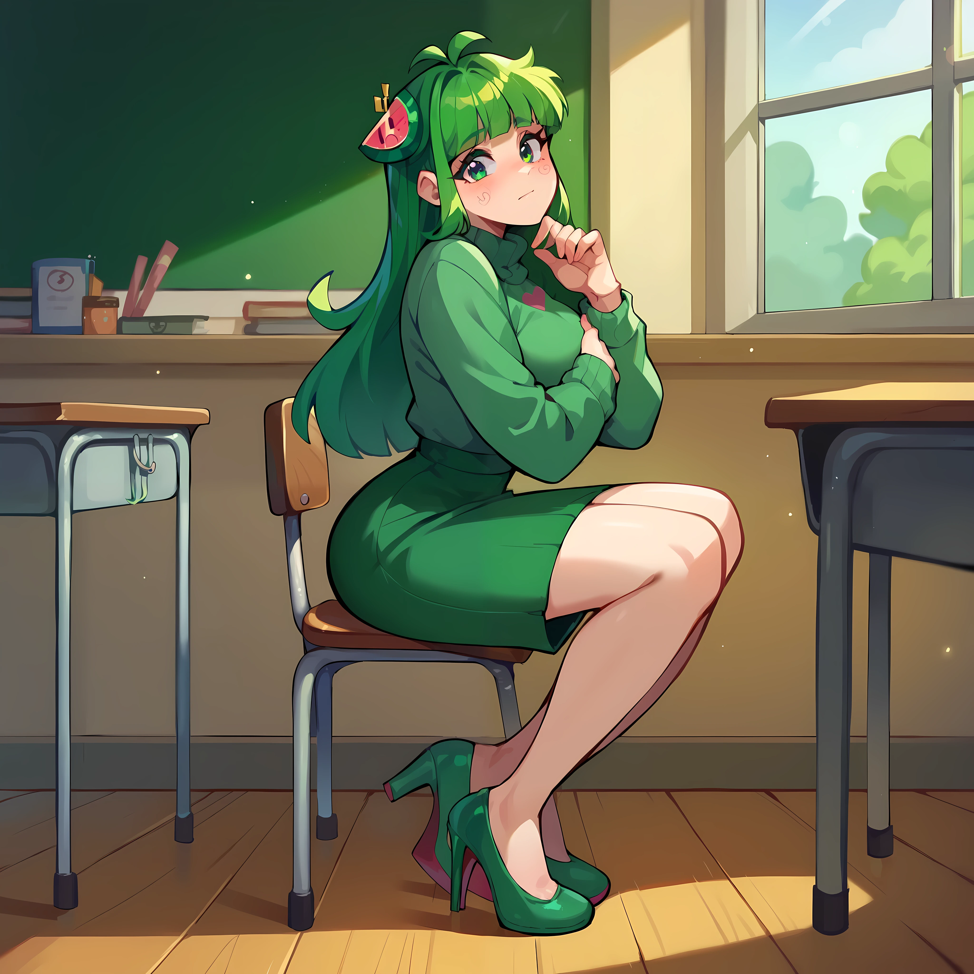(masterpiece, best quality), 1girl, Vannamelon, indoors, classroom, seated, green eyes, green hair, long hair, green sweater, green skirt, highheels,