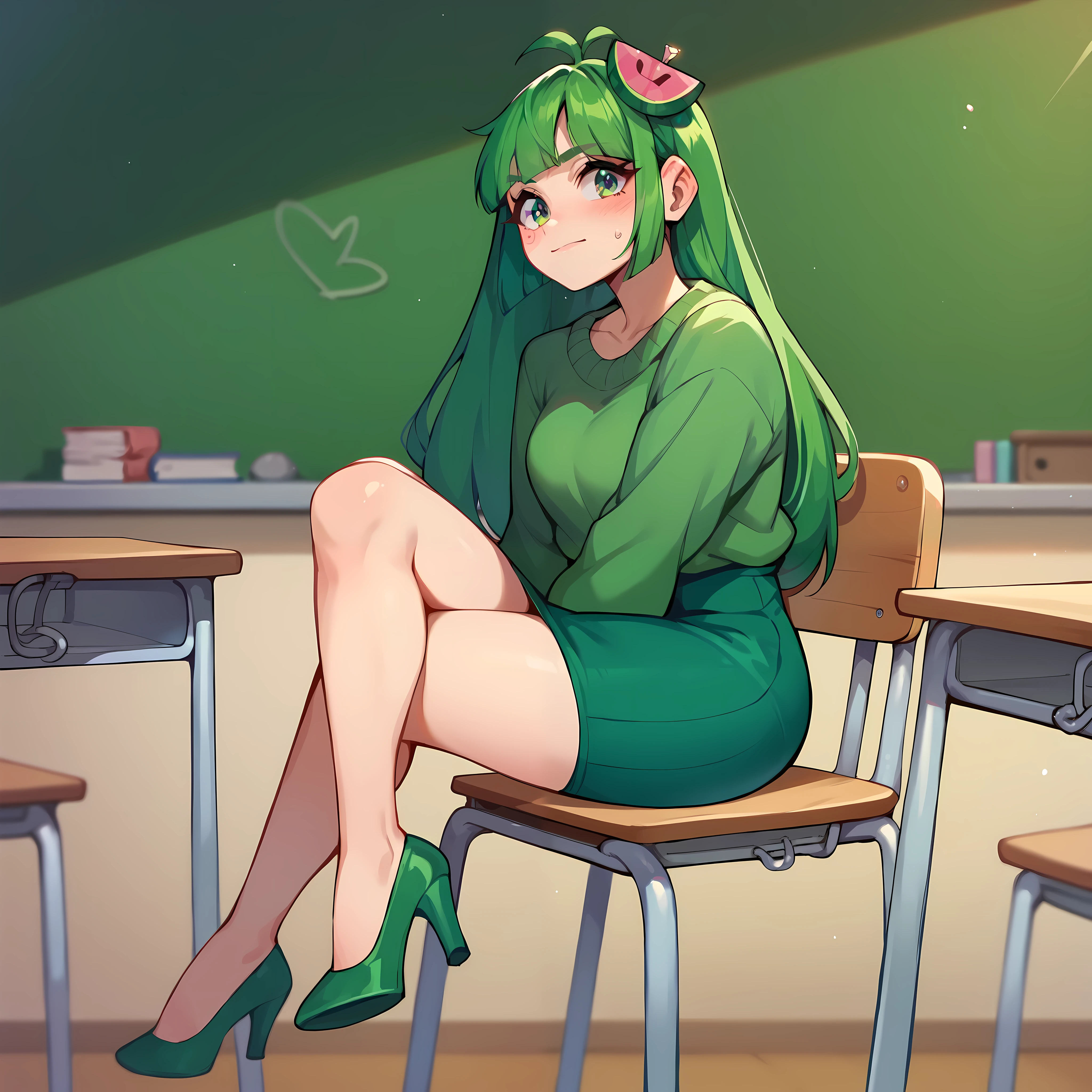 (masterpiece, best quality), 1girl, Vannamelon, indoors, classroom, seated, green eyes, green hair, long hair, green sweater, green skirt, highheels,