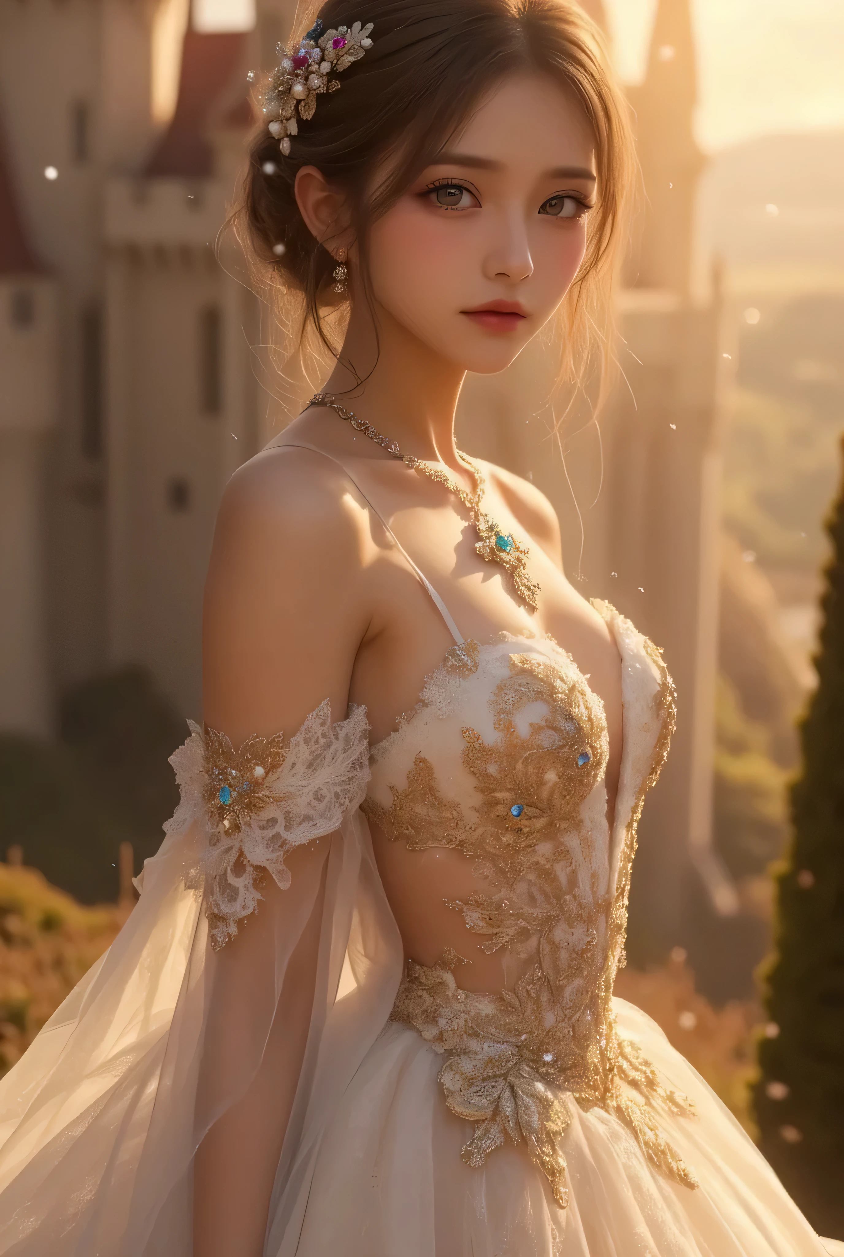 ((top-quality、masterpiece、photographrealistic:1.4、8K))、Knight with 1 beautiful detailed girl、extremely detailed eye and face、beatiful detailed eyes、(Complex and elegant dress in the style of medieval Germany、Princess)、Luxury Accessories、Elegant smile、natta、(Princess strolling through medieval German-style castle town、German-style castle in the background)、Cinematic lighting、Textured skin、Super Detail、high detailing、High quality、hight resolution、(looking at the viewers)
