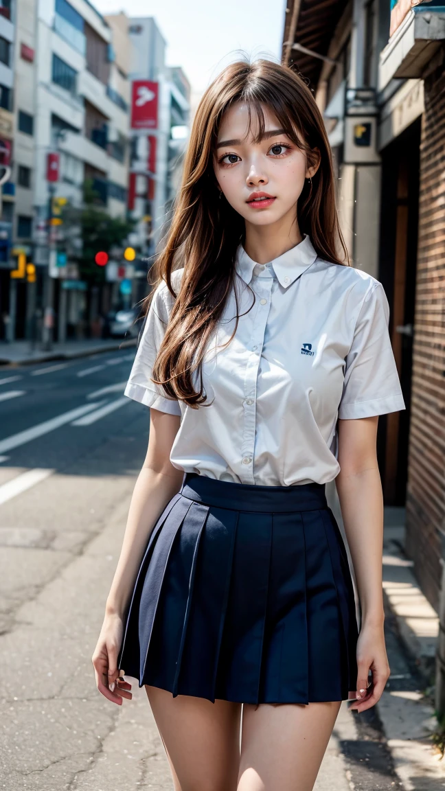 1womanl, (middlebreasts), light brown hair, Blunt bangs, hair behind ear, hair over shoulder, (Long hair),wetting hair,( slender body shape), (Ultra Fine Face), Delicate lips,(beautidful eyes), thin blush, Brown eyes, (shinny skin, flawless skin :1.3),hide one's hands,(Dark blue student blazer,white shirt, Dark blue flared skirt),(Japan Schoolgirls),(Posture with armpits wide open:1.3),Smile,,bustshot,(bamboo forrest:1.5)