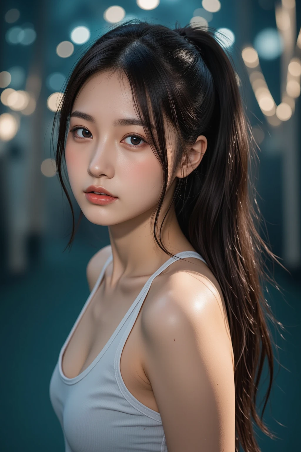 ((Girls at idle level)), masterpiece, The highest image quality, ultra-detailliert, (perfectbody:1.2), (Perfect face+dishevled hair+pony tail hair), fully body photo, Viewer's Perspective, She bent and lowered her body to match the gaze of the audience。detailed hairs,ssmile、Detailed eyes(realisticeyes),profetional lighting,Beautiful breasts,(Brown eyes),white shirt,((dark brown hair)),slenderbody,((Watch the game LIVE at Nissan Stadium))