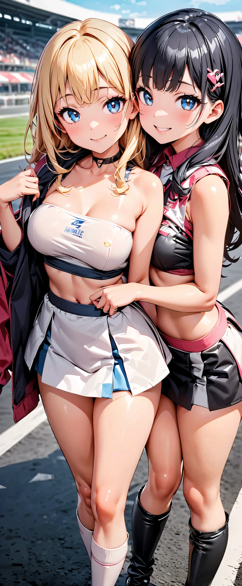 super quality, many details, a sexy warrior, with a short skirt, holding a bow, with a low-cut T-shirt, big breasts, big blue eyes, hair in a ponytail, piercing gaze, boots, hair in two shades of purple and blue, wide bracelets on the hands, a jungle in the background, tanned skin, athletic constitution, provocative,