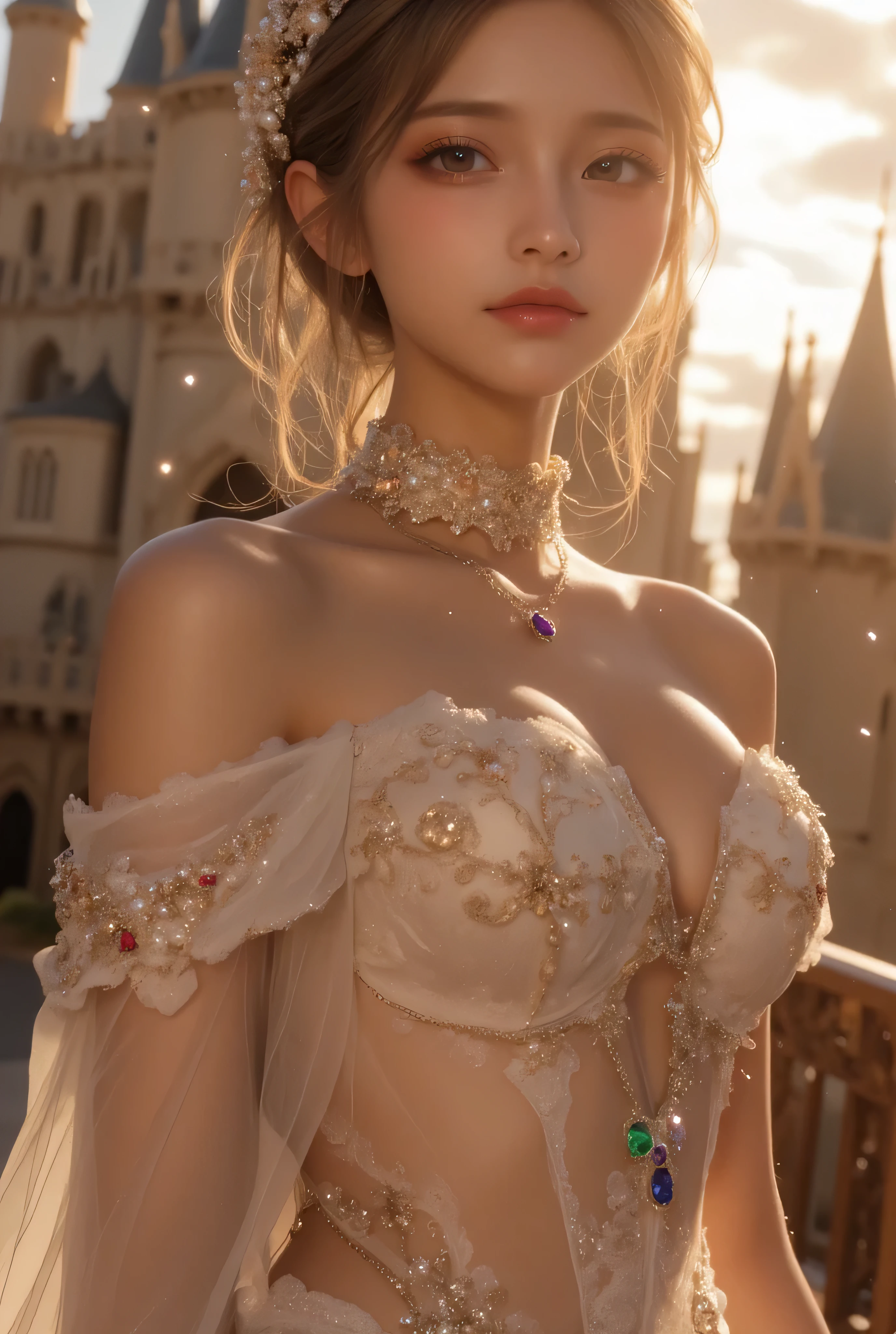 Arapefi, Purple princess dress, Look up at the camera, wearing high heels,Place your hands on your chest,Wear a crown,choker necklace,mouth opening,Close up from above,next to a window, In the castle, Sense of transparency,(oversized boobs,1.5),Expose cleavage,Turn around and look at the camera,tmasterpiece,Flawless,Sense of transparency,Empty inspiration,More details and decoration,Exposing thighs,8K,(Wear decorations such as rings,1.9),White-colored skin,Ornate ornament,White waist stockings,one-girl,(Dissection is correct,PremiumQuality, high detal, Masterpiece ) sex,Nudity , cleft breast