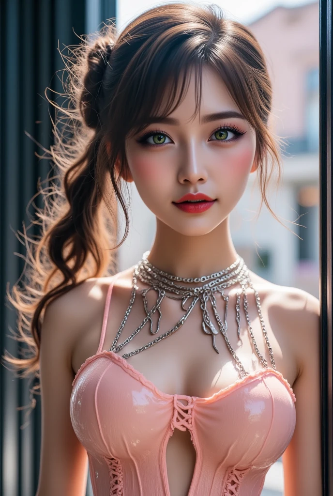 Realistic (photorealistic Realism,highres,masterpiece:1.2), ultra realistic details: velvety skin, symmetrical lips, light glossy red_lipstick, pupils, (clear sharp focus, not blurry, Realistic brown_eyes:1.35), (anatomically correct), (perfect proportions), Hyper-Photorealistic ((portrait)) A {1 Woman:1.4 25yo, of Mixed Beauty (Penelope Cruz), ((Emma Watson))}, dslr, best high quality soft lighting, sharp focus captured by Fujifilm XT3, f 5.6, in a dramatic lighting, (perfect composition), pale skin, (dry skin), ((her outfit consists of black fishnet stockings all over her body:1.25)), ((ponytail gray hair)), (Depth of the bounds written, chromatic aberration, caustics, wide light, natural shadow), Gazing at the viewer with a calm and goddess-like blissful expression, firm breasts,