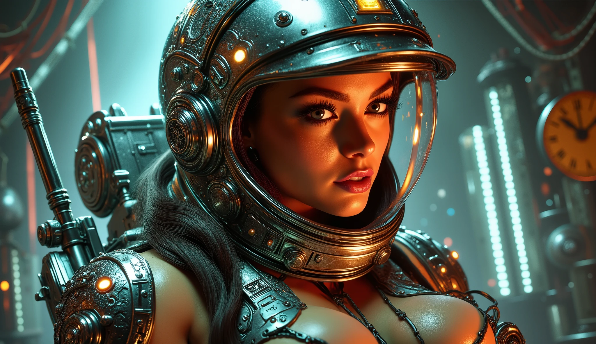 arafed image of a woman in a helmet and a helmet with guns, les edwards poster art, dense hypermaximalist metropolis, trending on artstarion, widescreen shot, inspired by Otto Pilny, reactor core, rendering of beauty pageant, inspired by Donato Giancola, silent running, 2 0 2 0 s promotional art --auto --s2