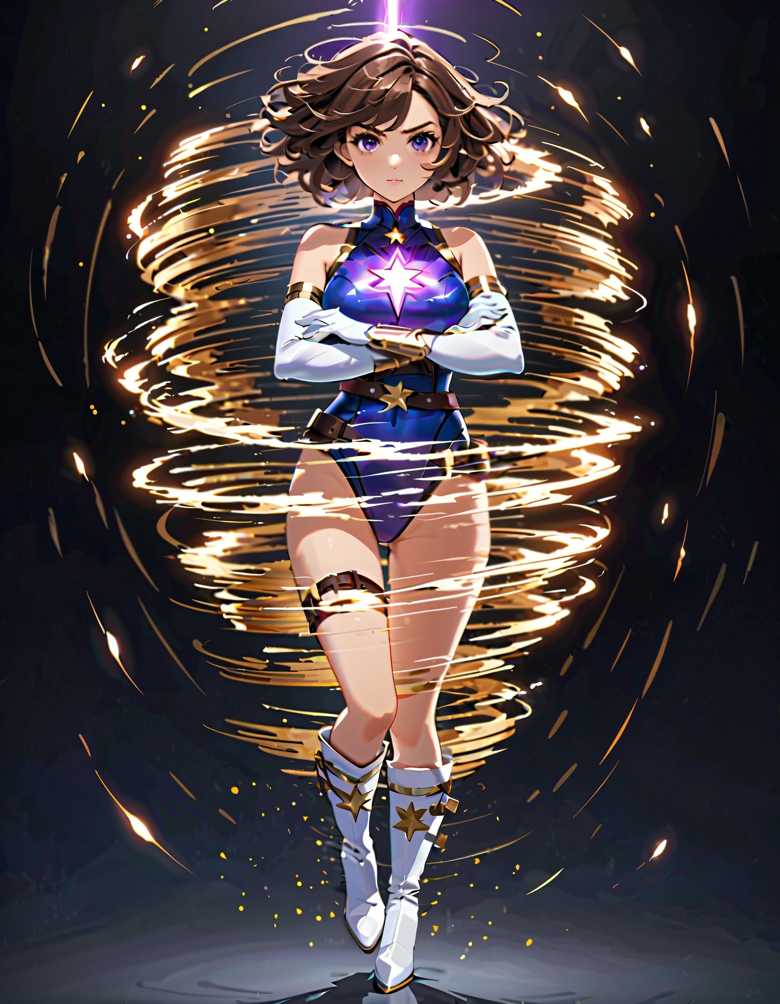 masterpiece, best quality, hyper detailed, ultra detailed, 1girl, medium breasts, ((leotard, white leotard with red accents, sleeveless, gold star symbol on chest)), bare legs, ((tight belt, gold belt)), boots, matching boots, ankle boots, white boots, gloves, white gloves, solo, single, standing straight, full body shot, cowboy shot, superhero, beautiful detailed eyes, mature lady, brown hair, short hair, bob hair, purple eyes, (perfect anatomy), spread arms, spinning, spins fast in place like a tornado, twirling in place, tornado spinning, rapid gyration, space backdrop, motion blur, speed lines, spiral lines, tornado, time warp, spinning energy pulse, light particles, serious.