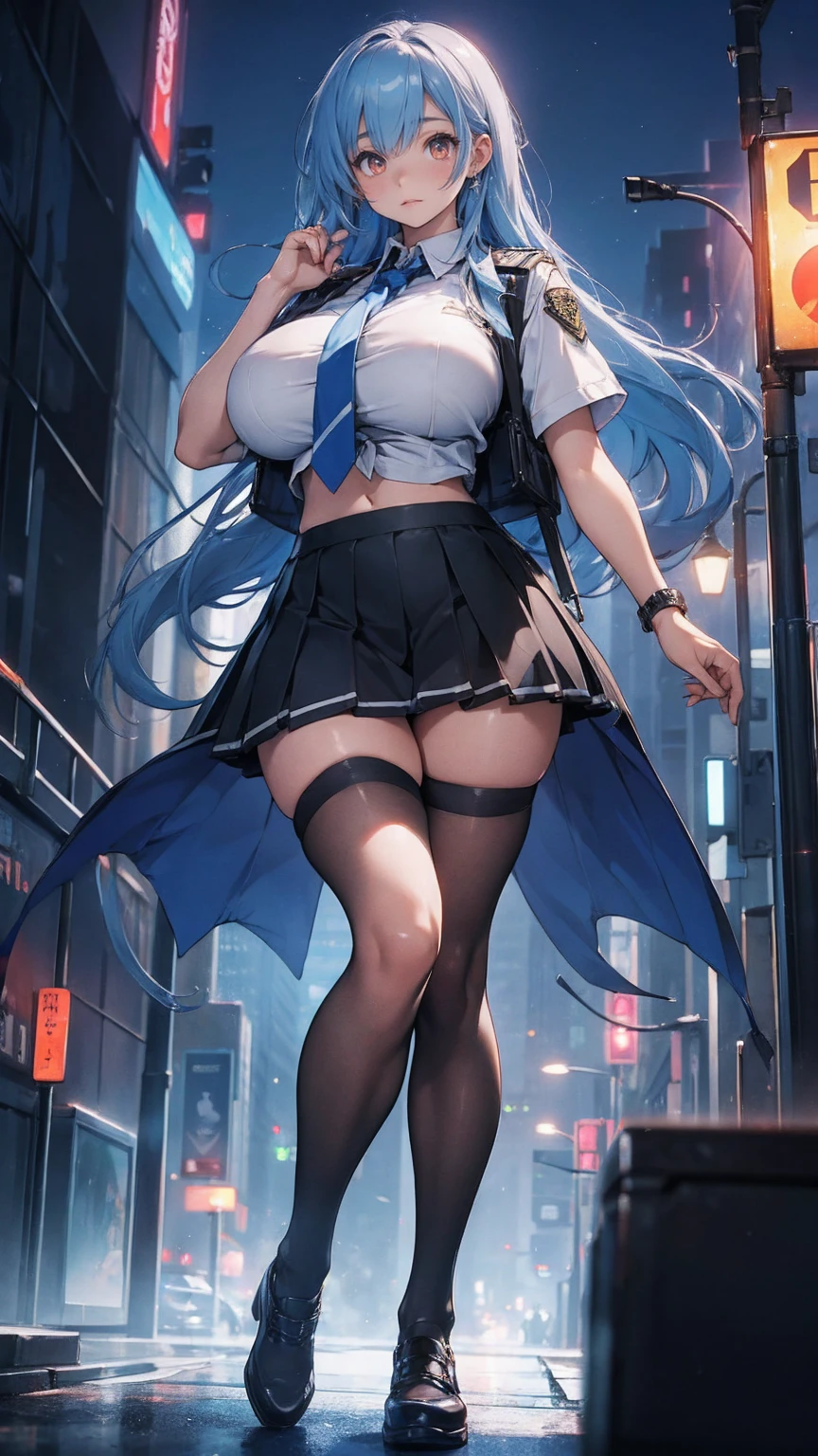 1 girl, dark blue hair, messy hair, long hair, light yellow eyes, small eyes, mature face, dropping eyes, big breasts, cameltoe, blurry background, erect nipples, blush, smile, earrings, ((pubic hair)), skirt lift, light smile, black high heel, tall statue, night, see-through, no panties, light makeup, full body, micro mini skirt, pencil skirt, police uniform, garter belt, skyscrapers, taxi, police officer cap, handcuff, fishnet tights
