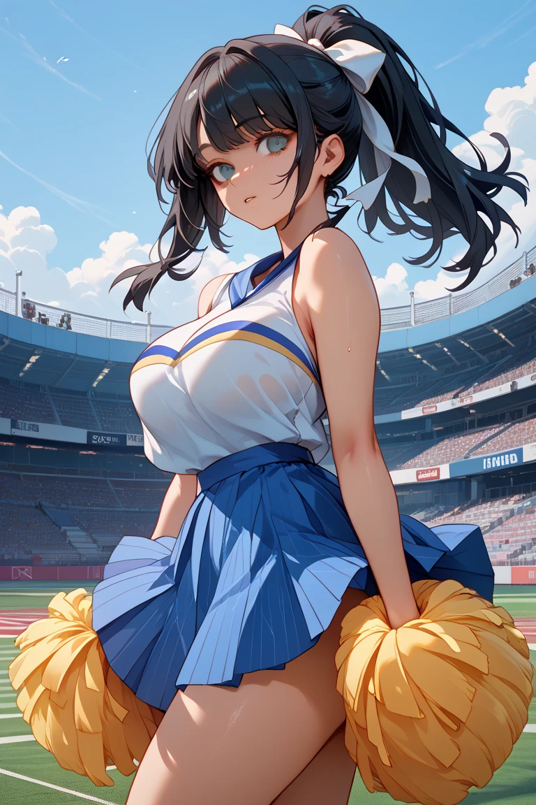Limited to 1 female, (dynamic posing), Cheerleader (stylish sexy sporty outfit), mature woman, /(black hair/) bangs, blush and smile brightly, (Masterpiece of the highest quality:1.2) Delicate illustrations super detailed, large breasts(REAK with pom-poms /(court) Grass, outdoor, audience, (white lace panties with black little ruffles:1.3), show off panties
