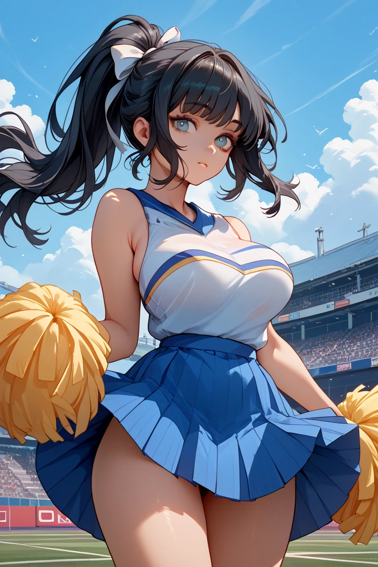 (masterpiece,best quality,very aesthetic),(ultra-detailed),super-fine illustration,high saturation,nsfw,1girl,10yo,curvy,large breasts,twintails,hair over one eye,black hair,(cheerleader uniforms,lowleg buruma,pleated skirt),Stadium seating,skirt lifted,dancing,torogao,cheerful,happy,cowboy shot,crowded with Mob student audience