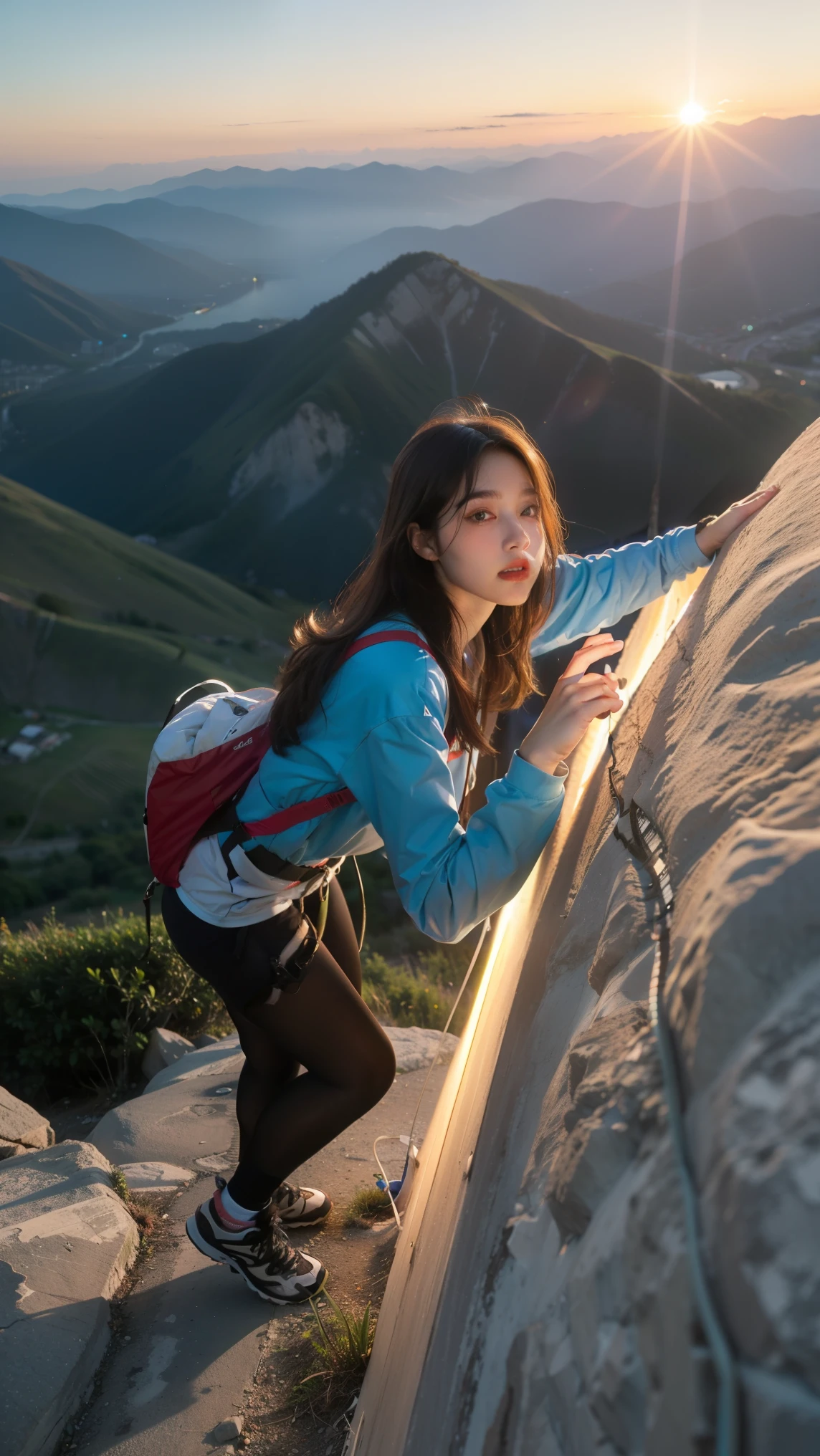 number, Imaging with Ray Tracing, Radio City, non-isotropic filtering , 16,000, Best Quality, 1 woman, alone, maturity , beautiful climbers , Hiking Clothes , Long hair gradient , Climbing Equipment 、laugh、 sunset 、Valley Peaks