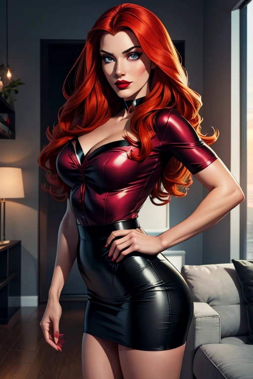 Best quality,fashion woman,red hair hair,beige látex micro dress,cleavage,sheer tights