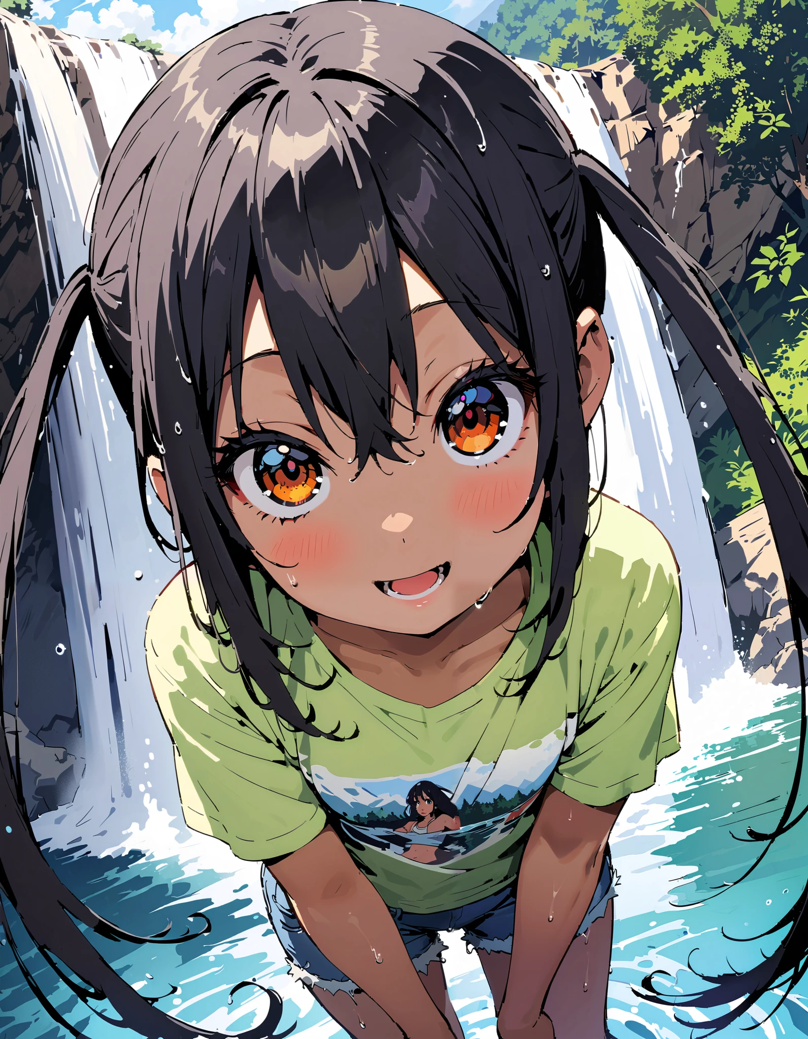 Azusa Nakano, black hair, brown eyes, Alone, long hair,smile,blush, open your mouth, low twin tail, tan, brown skin,green t-shirt ,The hem of the t-shirt is tied, belly button out,river遊び, playing in the water, denim micro shorts ,Wet clothes, wet hair, wet skin, standing, so that the whole body fits into the illustration,
break outdoors, river,Mountain,waterfall,forest,
break looking at viewer,
break ( Masterpiece:1.2), top quality , kampala, Unity 8k Wallpaper,(shape:0.8),( fine, beautiful eyes :1.6),It's a person , full body photo,CG Details , ( perfect hands, Complete Anatomy),