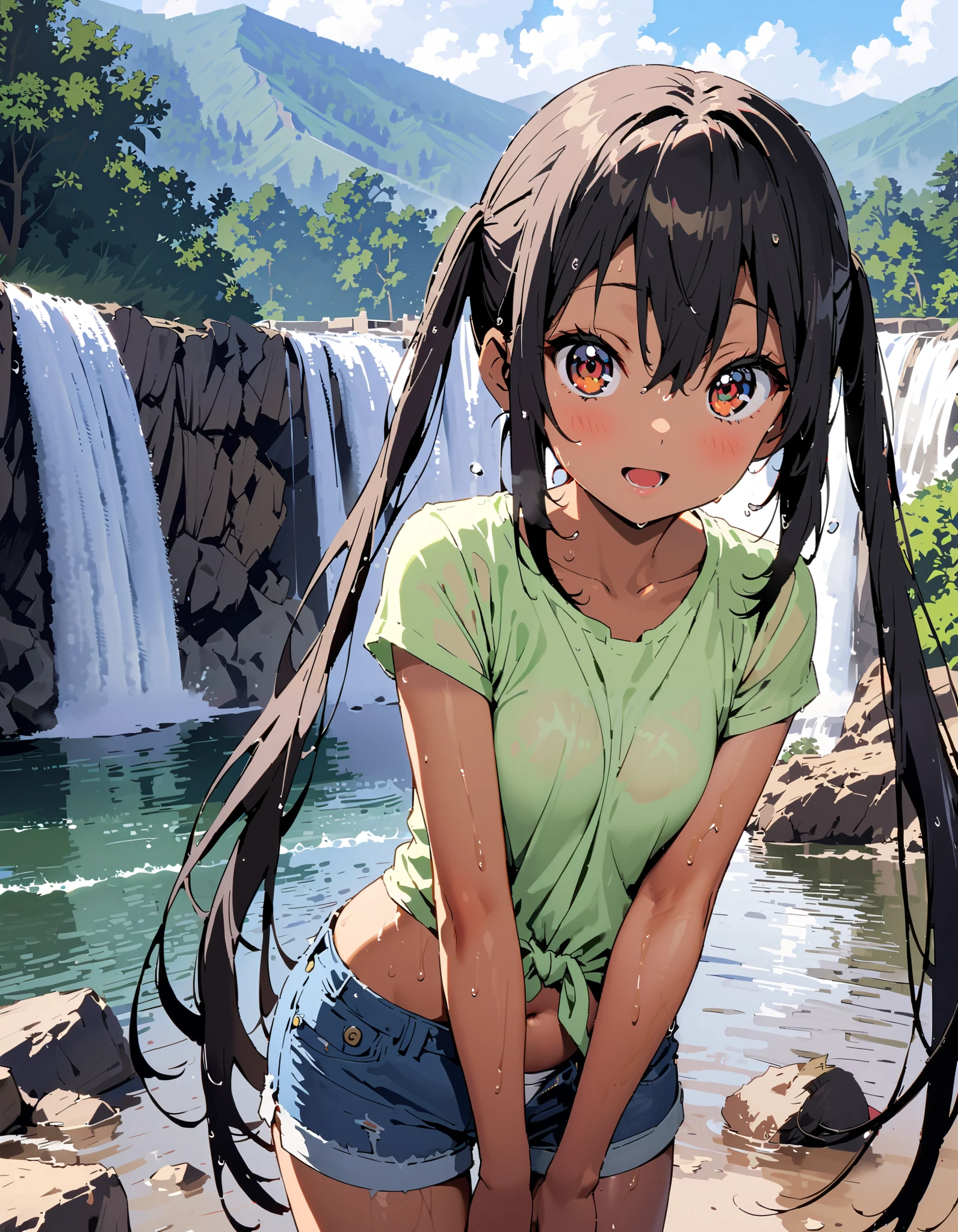 Azusa Nakano, black hair, brown eyes, Alone, long hair,smile,blush, open your mouth, low twin tail, tan, brown skin,green t-shirt ,The hem of the t-shirt is tied, belly button out,river遊び, playing in the water, denim micro shorts ,Wet clothes, wet hair, wet skin, standing, so that the whole body fits into the illustration,
break outdoors, river,Mountain,waterfall,forest,
break looking at viewer,
break ( Masterpiece:1.2), top quality , kampala, Unity 8k Wallpaper,(shape:0.8),( fine, beautiful eyes :1.6),It's a person , full body photo,CG Details , ( perfect hands, Complete Anatomy),