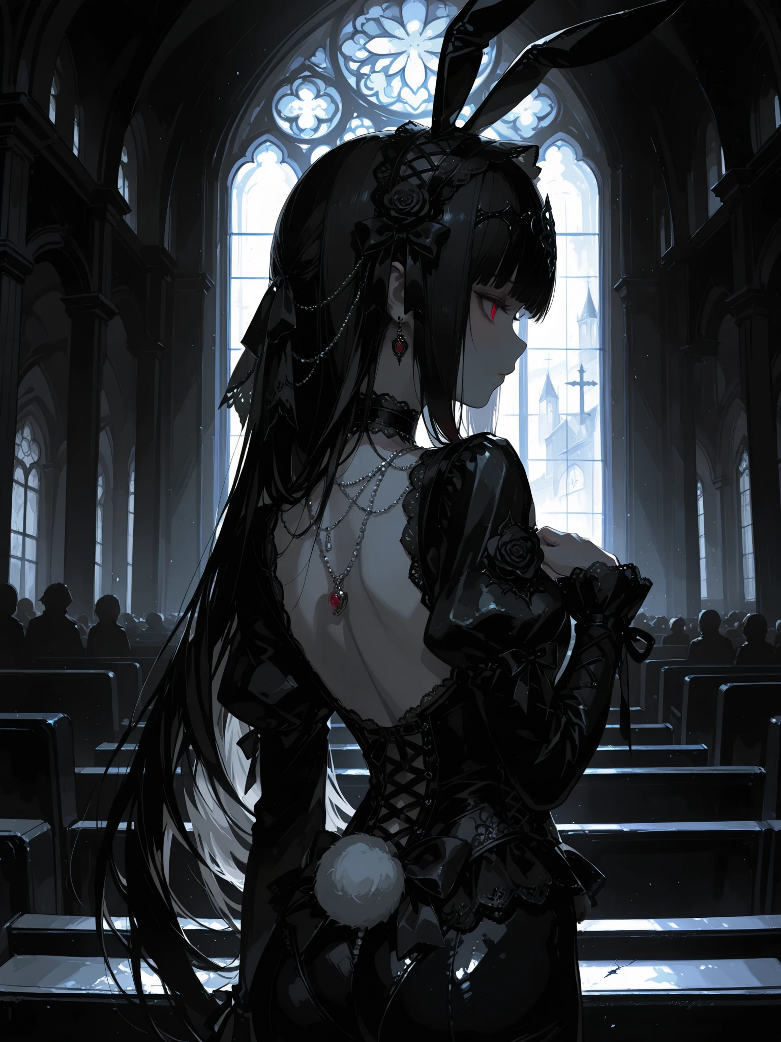 gothic ta style,drkgirl,dark gothic,intricate headpiece with black roses and ribbons, large black bow with pearl and chains,rubber bunny suit, black and white color scheme, bunny ear headdress,delicate lace details,rear view,748cmstyle choker with pendant, graceful hand on chest,church, fantasy character, refined and elegant, high contrast lighting, desolate theater