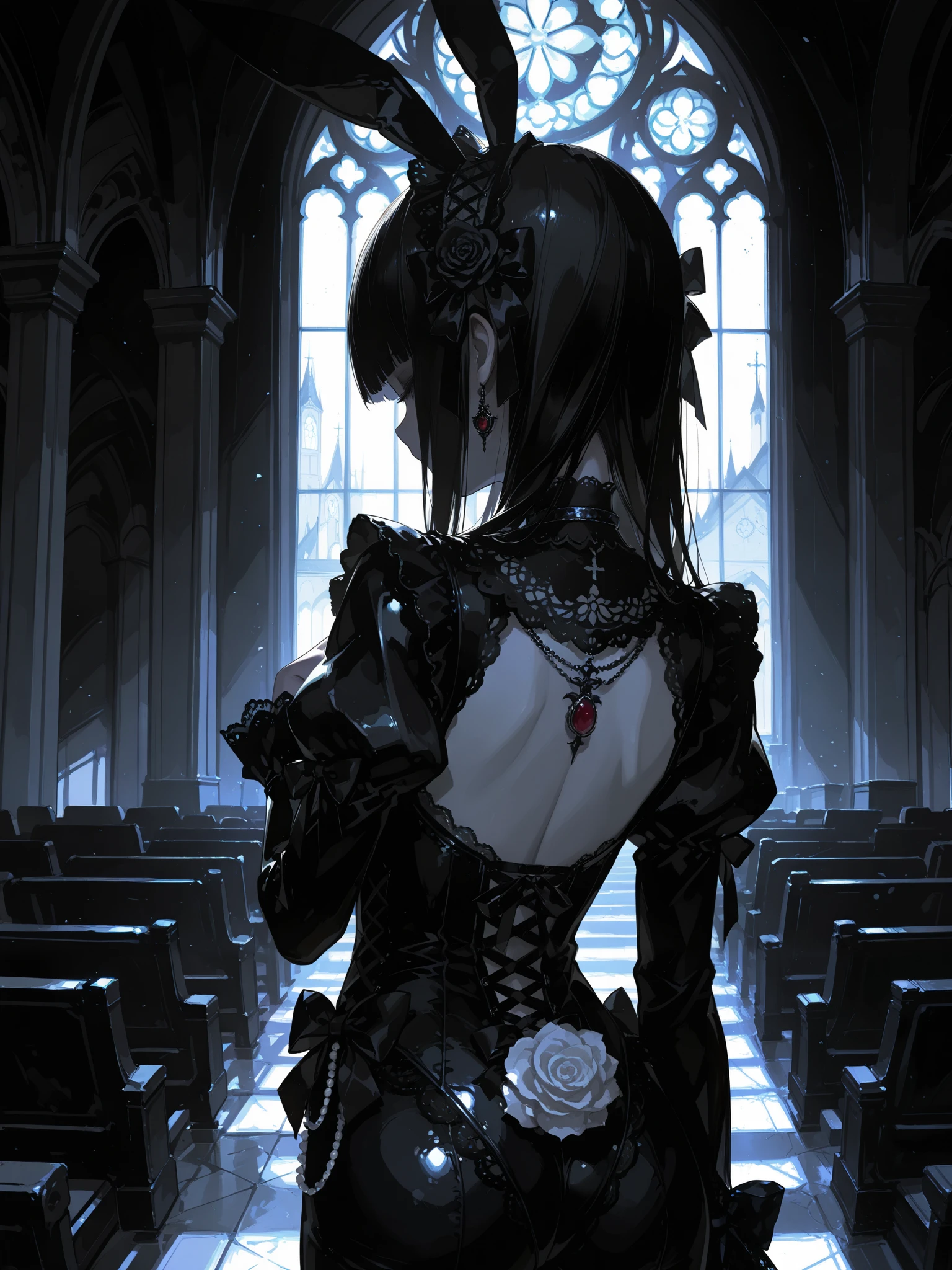 gothic ta style,drkgirl,dark gothic,intricate headpiece with black roses and ribbons, large black bow with pearl and chains,rubber bunny suit, black and white color scheme, bunny ear headdress,delicate lace details,rear view,748cmstyle choker with pendant, graceful hand on chest,church, fantasy character, refined and elegant, high contrast lighting, desolate theater