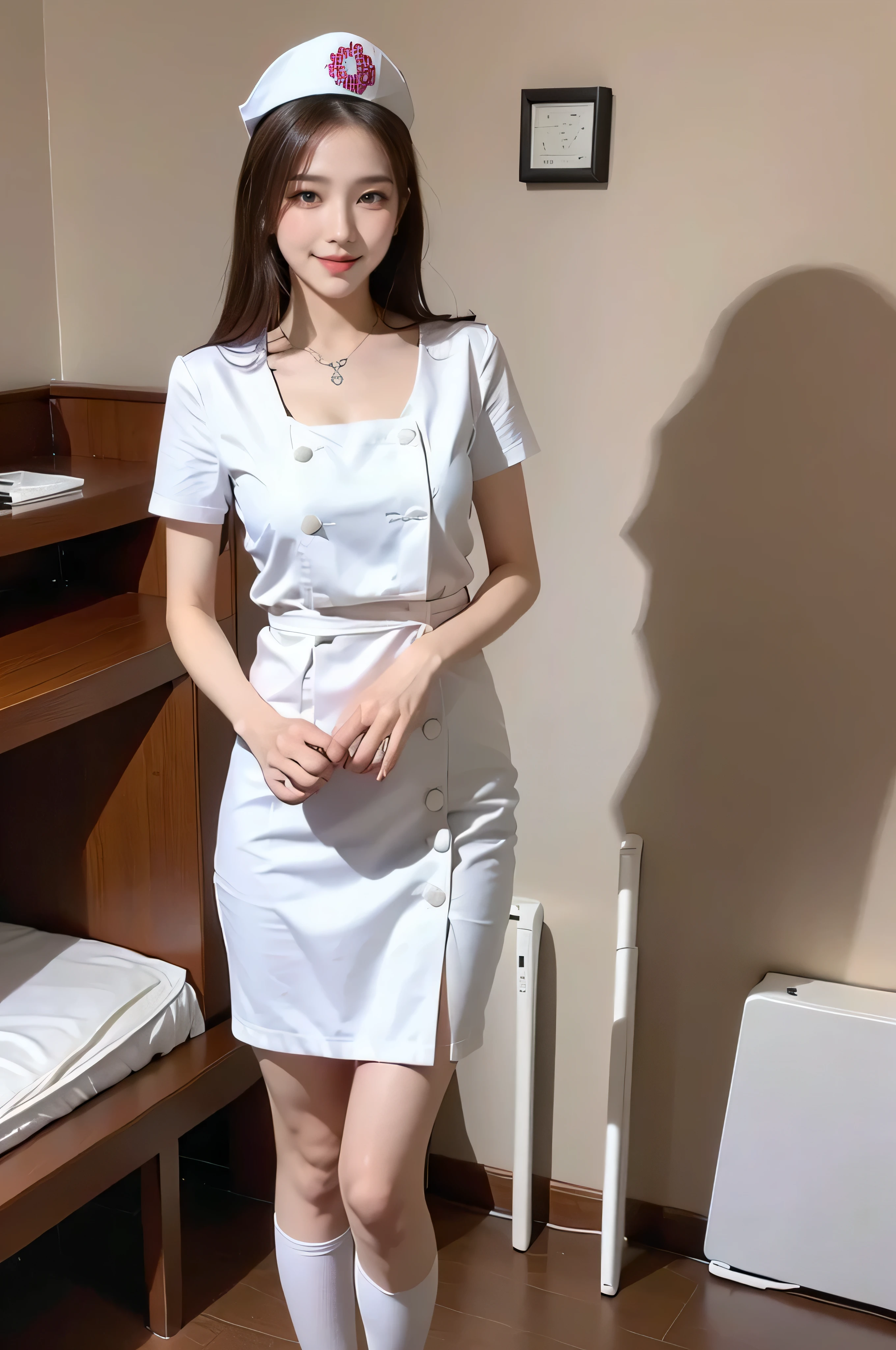 1 girl, best quality, ((Miyo)), tarankaaa, perfect face, beautiful smile, 30 years old, ((white nurse attire, white nurse cap, white thighhighs, gold blonde hair)), ((perfectly drawn hands)), perfect body, white room, hospital, scenery, solo, sitting behind desktop, 32k photograph, ((perfect eyes, detailed eyes, realistic eyes)), ((sharp face, detailed face, realistic face, natural skin, realistic skin, detailed skin, smiling, pores)), ((detailed body, perfect photography)), tone mapping, asian-european, ((masterpiece)), ((highres)), ((detailed background)), japanese village background through window, midday, big proportions,