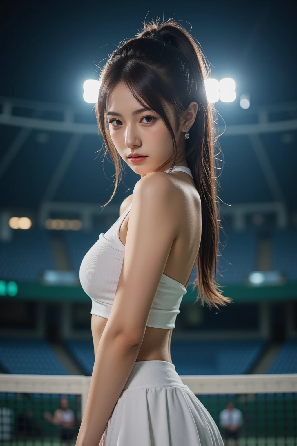 (((best quality))),(((ultra detailed))),(((masterpiece))),illustration,((1 beautiful girl,female footballer,solo)),((shoulder off,strapless,bare back,towering hips,butt crack)),((slim,thin)),summer night,stadium,crowded stands,enthusiastic spectators,football match,(short ponytail:1.2),(short sleeves:1.2),((England team kit,white shirt,Navy shorts)),(slender legs:1.2),(football:1.3),fluid movements,powerful,sweat,forehead,exhaustion,passion for football,purposeful running,electric atmosphere,crowd roar,critical juncture,pressure,undeterred,floodlights,luminous glow,long shadows,drama,breathtaking sight,raw passion,unbridled energy,determination,skill,embodiment of sport's spirit,strength,resilience of human spirit,(standing:1.3),((from back,upper body))