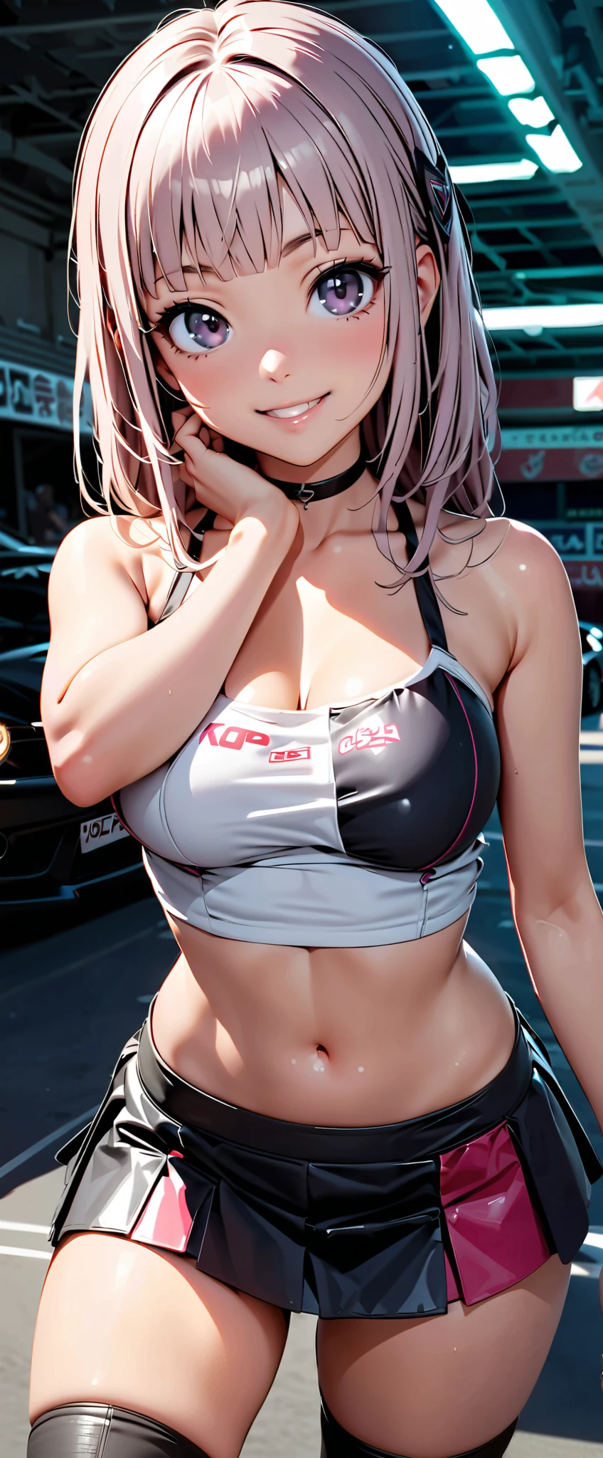 top quality, ultra high resolution, One person, small breasts, Black Choker, smile, exposes shoulders, focus only , Watch Viewers ,Fair skin,Car racing track, photon mapping to viewers, Physically Based Rendering, RAW photos , very detailed background, K-pop Idol , Depth of Coverage, hair ornament,Detailed faces,輝く肌, game cg,whole body, shiny micro mini skirt ,shiny micro tube top,shiny knee-high long boots, Race Queen,Big Breasts, cute pose , sports car,Hold a short-sleeved jacket in your hand,Gloss Lip