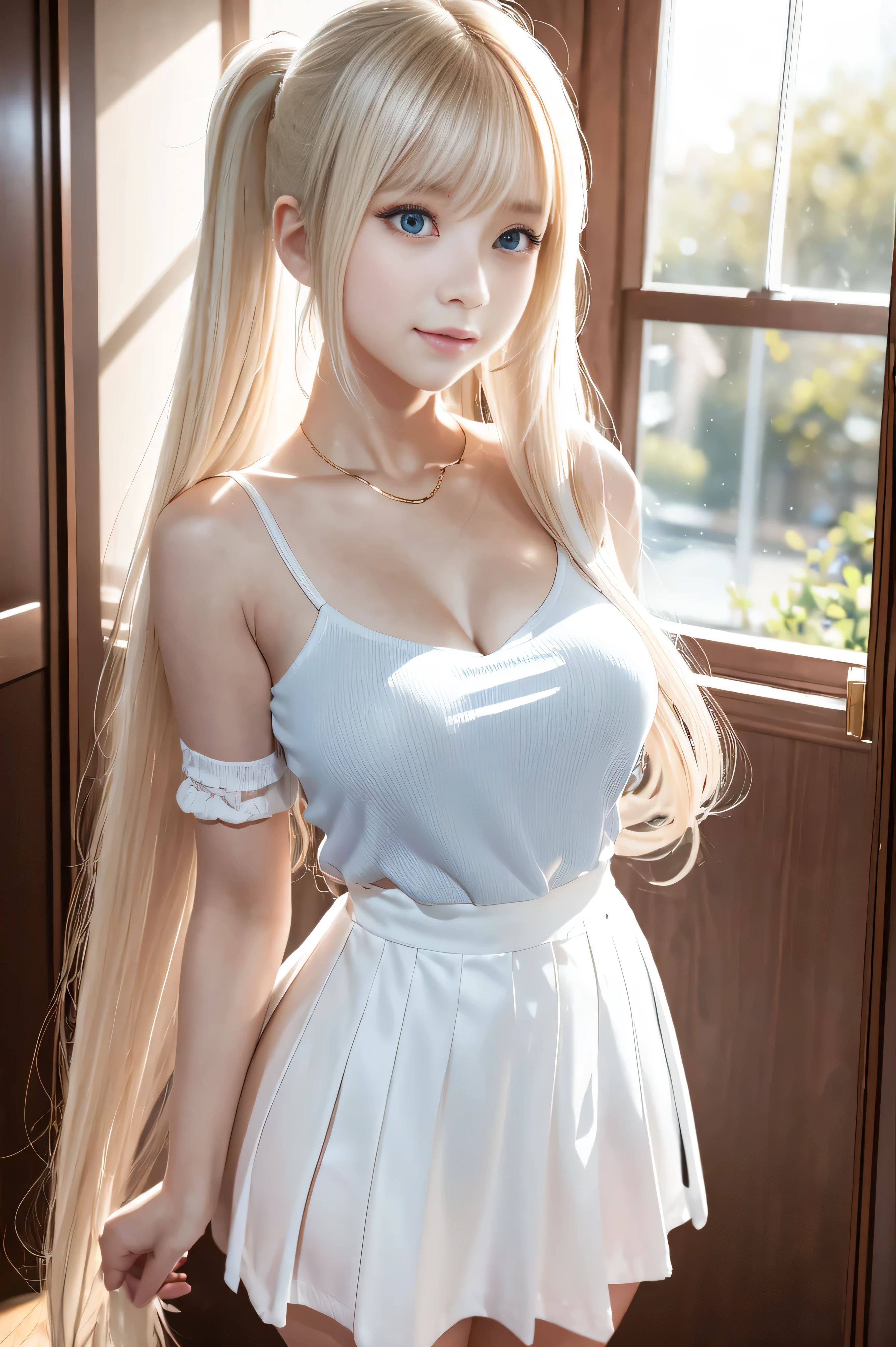 bright expression、Young shiny shiny white shiny skin、Best Looks、Blonde reflected light、Platinum blonde hair with dazzling highlights、shiny light hair,、Super long silky straight hair、Beautiful bangs that shine、Glowing crystal clear attractive big blue eyes、Very beautiful nice cute 16 year old girl、Lush bust,Beautiful detailed eyes, beautiful detailed nose,(( Full body:1.5)),Makeup that the eyes emphasize、,(Women like Joan of Arc)、Royal style,Comic style, , Sub-surface scattering, ornate detail, nature backdrop, Hyper-realistic, ((Cinematic)), Dramatic Lighting, masutepiece、((Off-the-shoulder white shirt dress:1.4))、((Fight on the battlefield))、(Loose and fluffy perm:1.4)、1 girl in、((Bob Hair:1.3))、Ultra realistic 8K CG, Picture-perfect face, flawless, clean, masutepiece, Professional artwork, famousartwork, Perfect face, Beautiful face, Beautiful eyes, ((Perfect female body)), Solo,(Immersive atmosphere, Chiaroscuro:1.5,Bright light:1.2,Luminous lighting),(blush:0.5),fascinated expression,Extremely detailed_Eyes,thick thighs,Large breasts,beautifullydetailedbackground,depth of fields,Realistic:1.3, longshot,Sitting, Full body, (ambient lights:1.3),(Cinematic composition:1.3),(Neon light:0.1),(nffsw:0.1),Accent Lighting, pantyhose,((dynamicposes))、(Fascinate boldly:1.5)