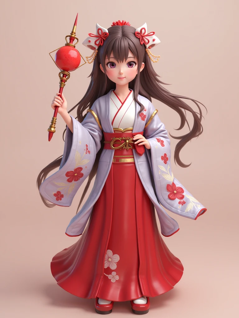 cool and cute 3D CGI kimono heroine healer、Random Wand 、 The background looks like they're wearing neutral ,  character sheet
