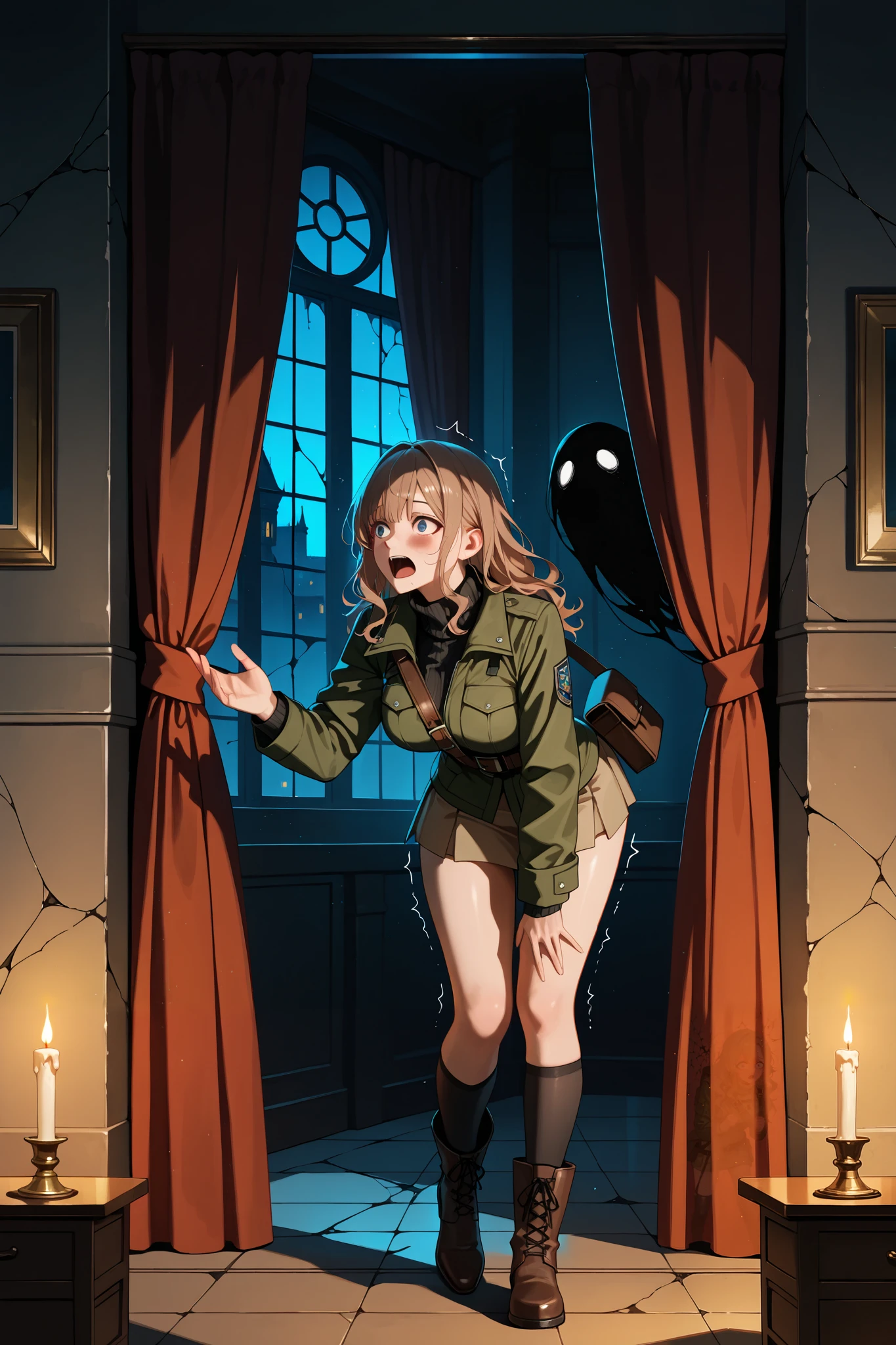 masterpiece,best quality,absurdres,highres,<lora:AHK:1>,
1girl,solo focus,ccgirl,brown hair,sidelocks,ponytail,blue eyes,
deerstalker,brown capelet,brown coat,trench coat,black belt,black gloves,brown pants,black bowtie,
looking at viewer,raised eyebrows,thinking,hand up,holding magnifying glass,half-closed eyes,hand on own chin,
indoors,living room,night,blood on the floor,crime scene,fire place,