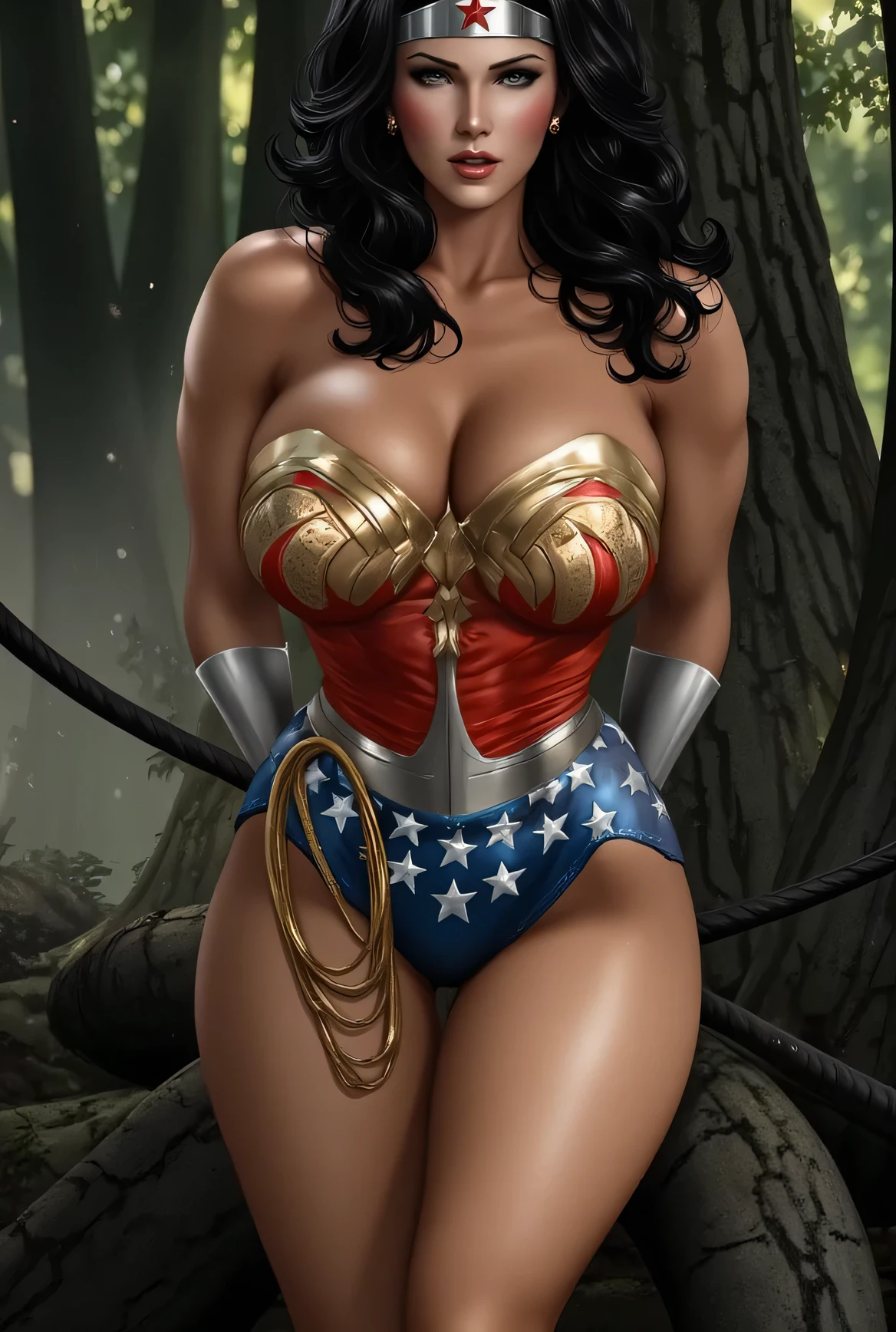 ((She is lost in the middle of a forest, noa selva)), (She's barefoot), ((THE SUPERHEROINE WONDER WOMAN fazrndo meio agachamento, dentro da lama)), (((She's terrified))), ((Wearing a thick metal necklace around the neck)), (obra-prima, melhor qualidade) 1.5, 1girl, sozinho, ((She's crying. She's wearing a super tall starry pantieulher-Maravilha, cabelos muito longos, cabelos pretos, cabelo entre os olhos, rabo de cavalo alto, Fechaduras laterais, olhos azuis, Corte inferior do peito, arm guards, Peito Inferior, Olhando para o Viewer, NSFW,camelo,pernas abertalush vermelho,irritado:1.2),(pernas musculosas:1.3),((Shibari, arms behind back:1.4,corda da virilha:1.4)),((rope restraint)),(sentado:1.2),(Sexo:1.4),(virilha cortada para fora:1.5), full maid costume.