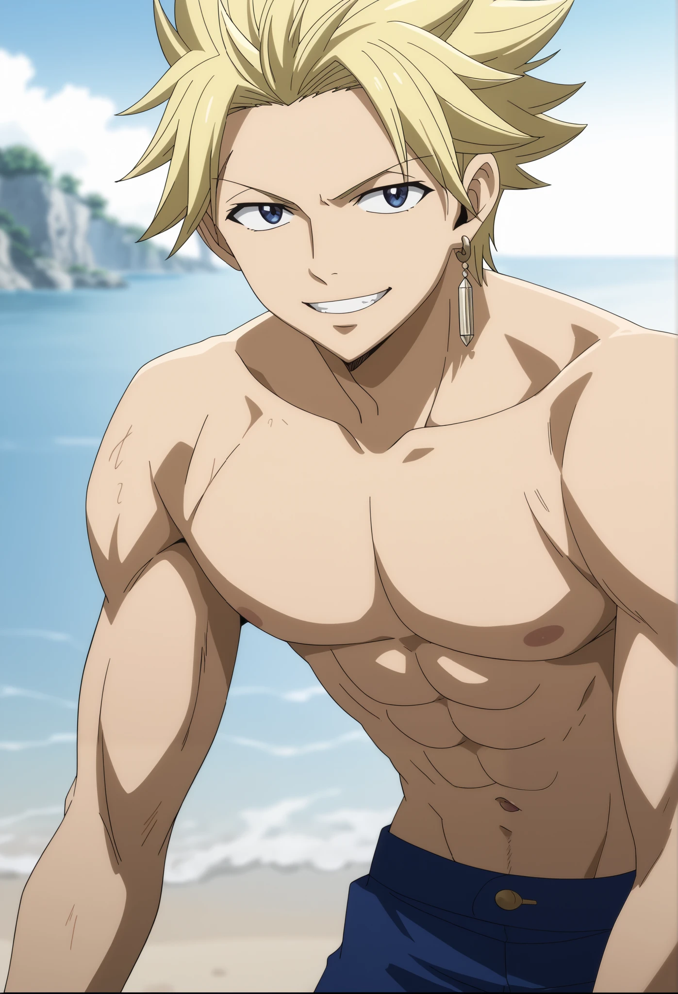 score_9, score_8_up, score_7_up, source_anime, rating_safe, StingFT, Sting leads blonde hair, light yellow Sting single earring, 1boy, male focus, anime screencap, best quality, official style, depth of field, looking at viewer, sky background with soft shadows, soft blue lighting highlighting his features, high-quality anime details, vivid colors, official style, Expressiveh, best quality, amazing quality, very aesthetic, high resolution, ultra-detailed, absurdres, newest, volumetric lighting, masterpiece, scenery, depth of field, BREAK, outdoors, beach, BREAK, male, solo, male focus, toned male, (shirtless), BREAK, (male swimwear, blue trunks), thighs, BREAK smile happy, winking left eye